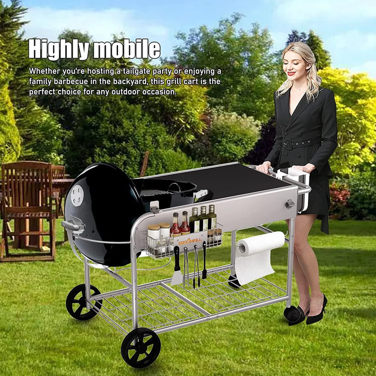 Grill Stand Cart for Weber Kettle 22" & 18" Charcoal Grills - Multifunctional Cooking Station