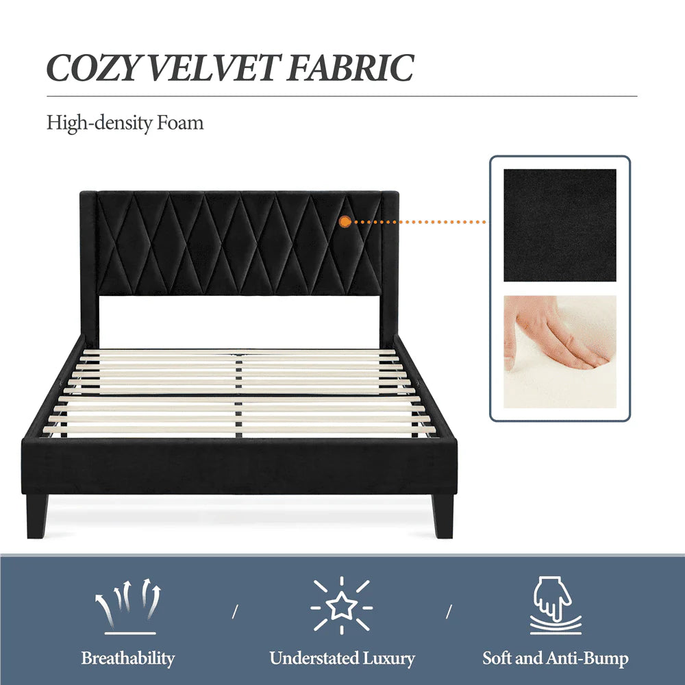 Topeakmart Queen Size Upholstered Platform Bed with Built-In USB Ports & Tufted Headboard, Black