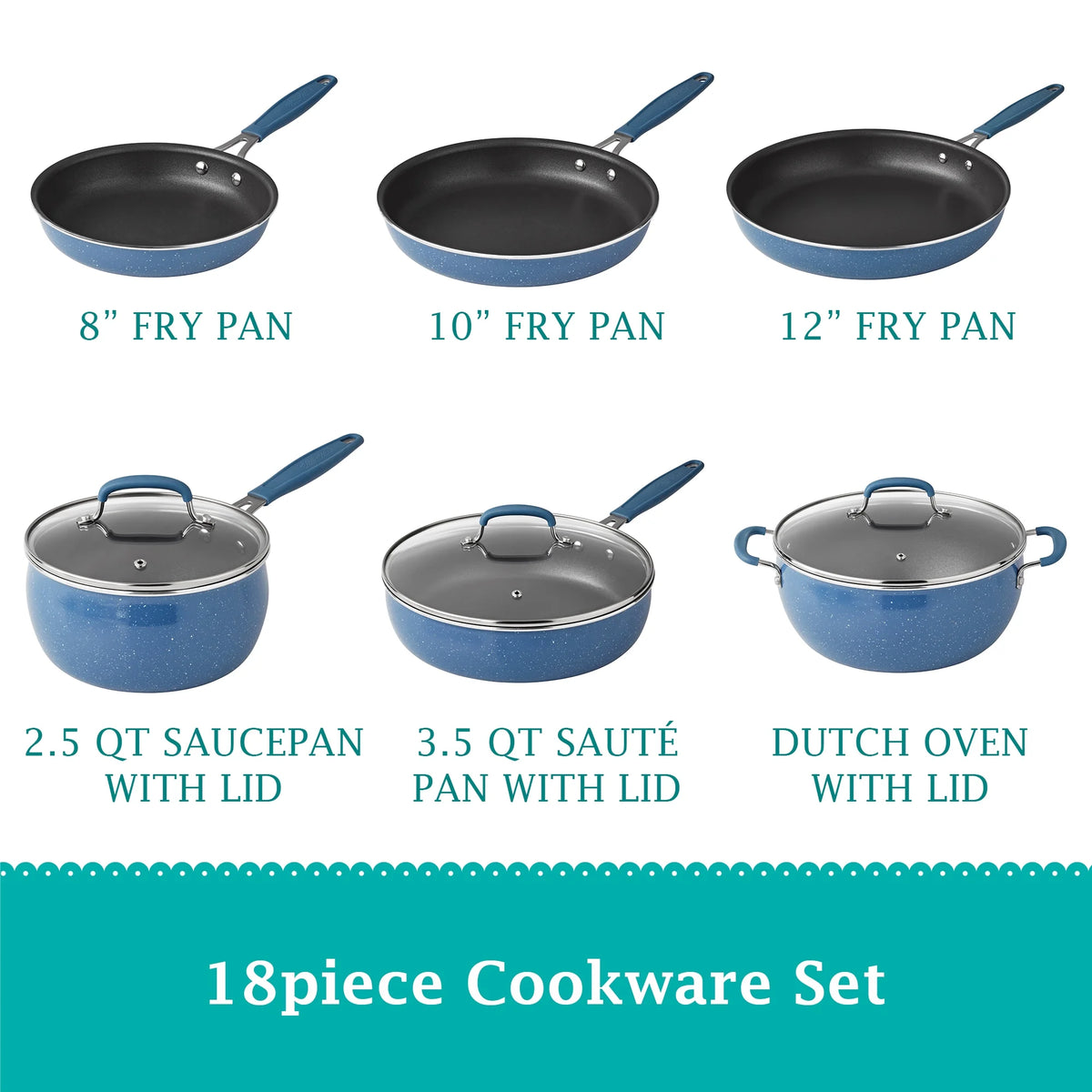 The Pioneer Woman Frontier Speckle 18 Piece Nonstick Aluminum Cookware Set, Blue