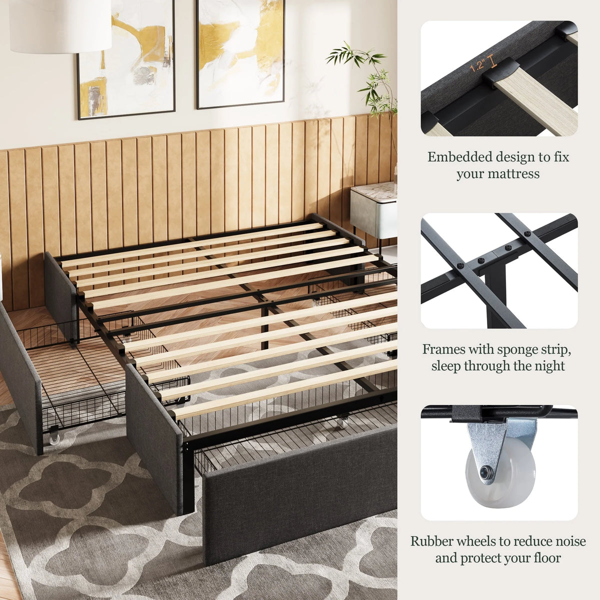 Amolife Queen Size Upholstered Platform Bed Frame with 3 Storage Drawers and Wooden Slats, Dark Grey