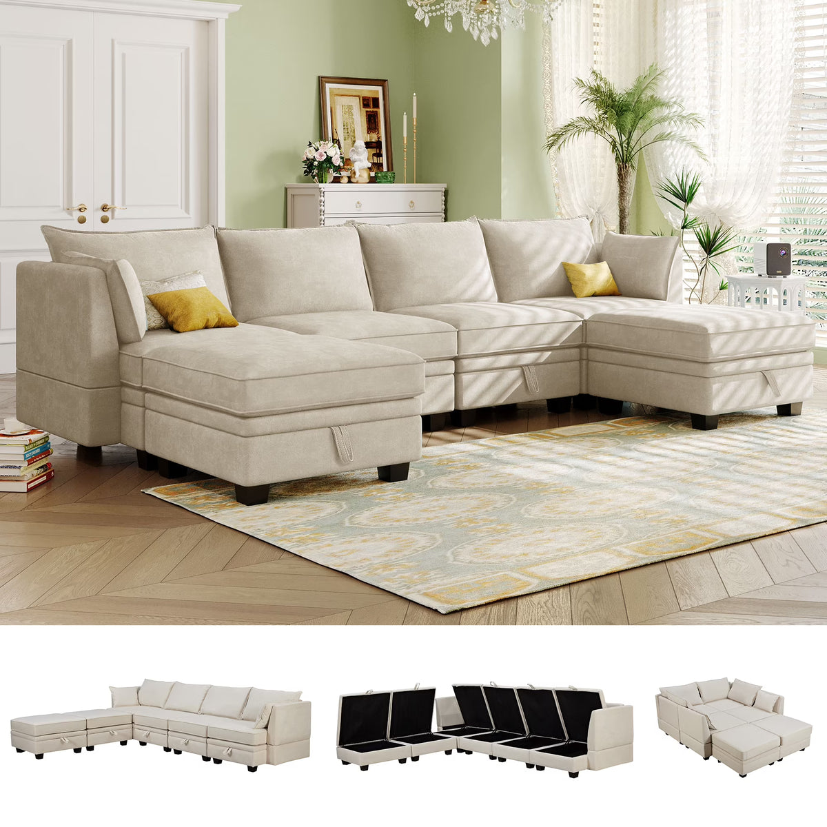 EUROCO 115" Large U/L Shaped Sectional Sofa, 1200LBS 6 Seat Convertible Couch Queen Size Sleeper Bed with Storage Seat and Removable Cushions, Modular Sofa with 2 Stools