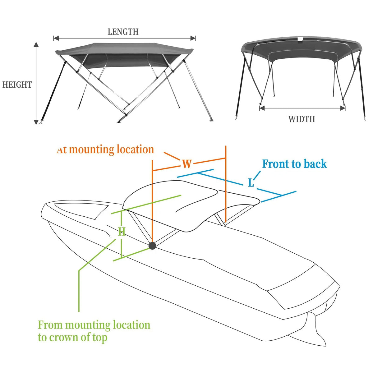 4 Bow Bimini Top Boat Cover with 1” Aluminum Alloy Frame, Include 2 Straps, 2 Adjustable Rear Support Pole, Zippered Storage Boot, PU Coating Canvas（8'L x 54" H x 73"-78" W ，Gray ）