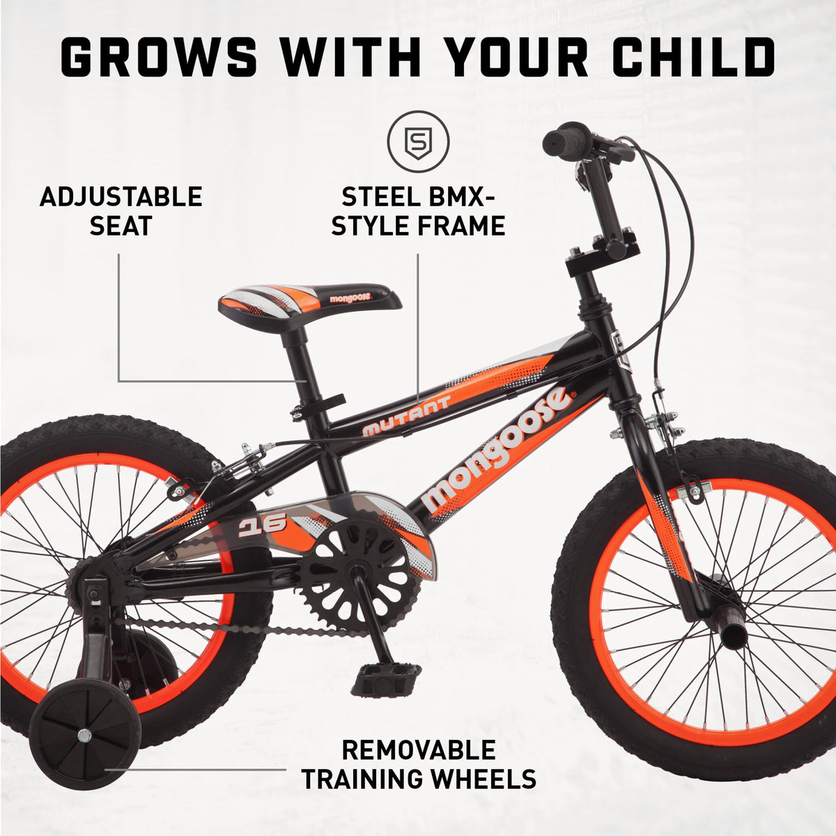 16" Mutant Kid's BMX Bike, Ages 3-5, Black & Orange