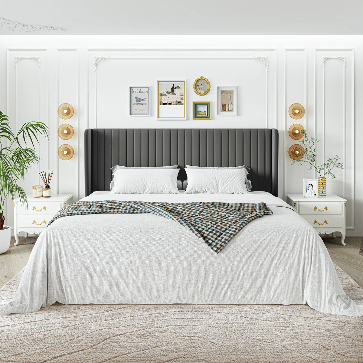Sha Cerlin Queen Size Upholstered Platform Bed Frame with Velvet Channel Wingback Headboard, Off White