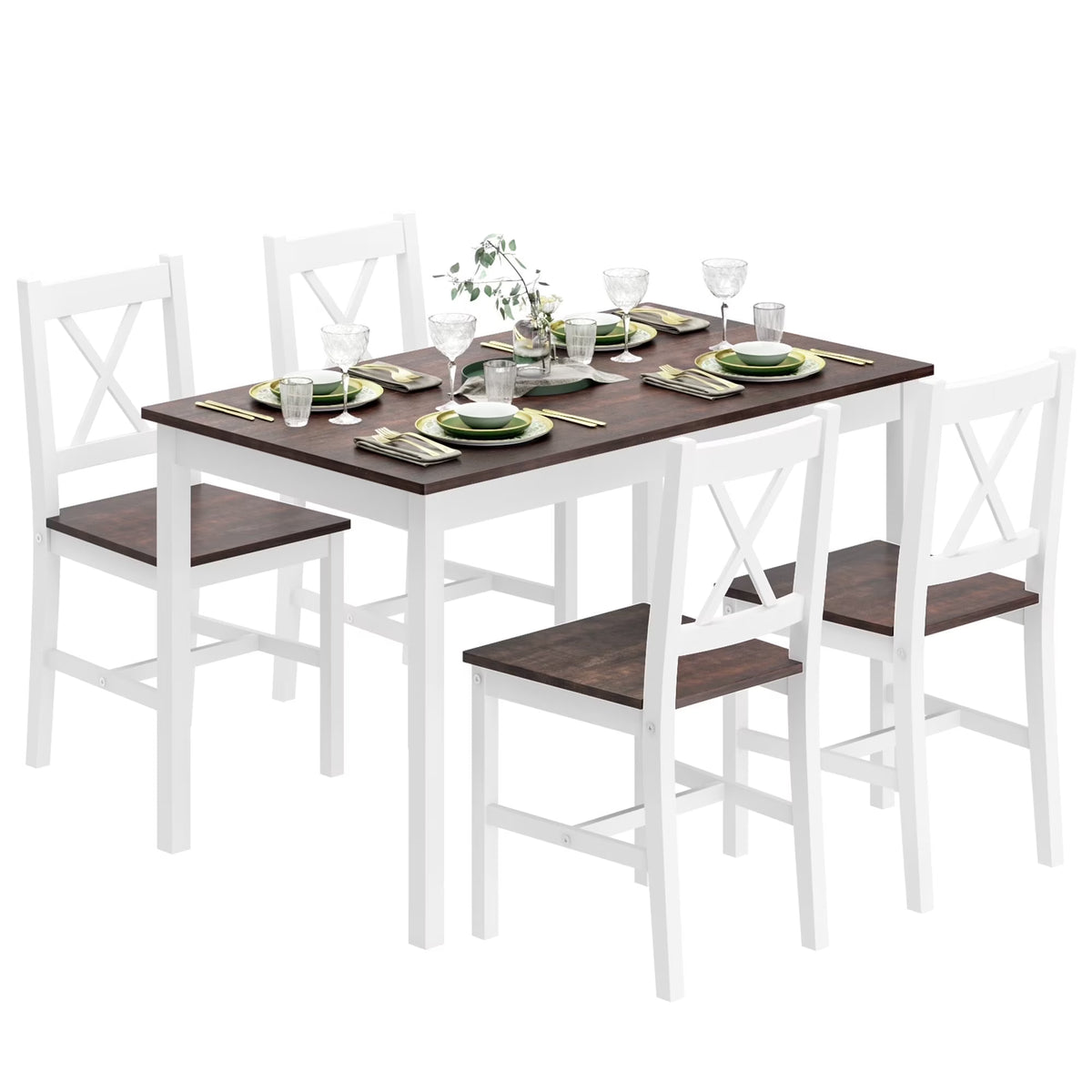Soges 5 Pieces Dining Table Set, Pine Wood Kitchen Dining Table with 4 Chairs, Wood Rectangular kitchen table and chairs for 4, Small Dining Set for Bar Dining Room Breakfast Nook, White and Gray