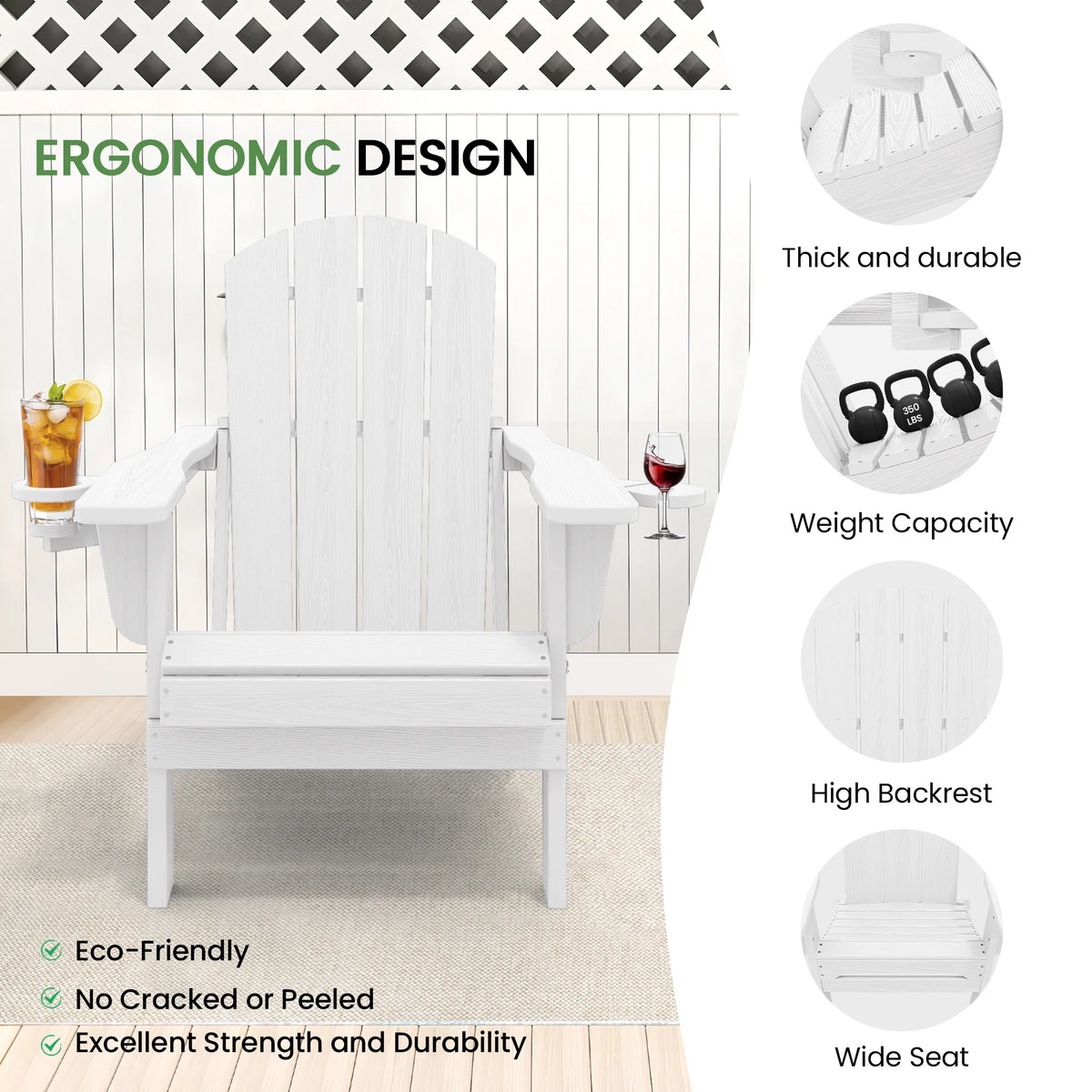 SERWALL Folding Adirondack Chair Set with Dual Cup Holders & Phone Holder, All-Weather HDPE Fire Pit Chairs for Outdoor, Patio, Poolside, Garden - Black