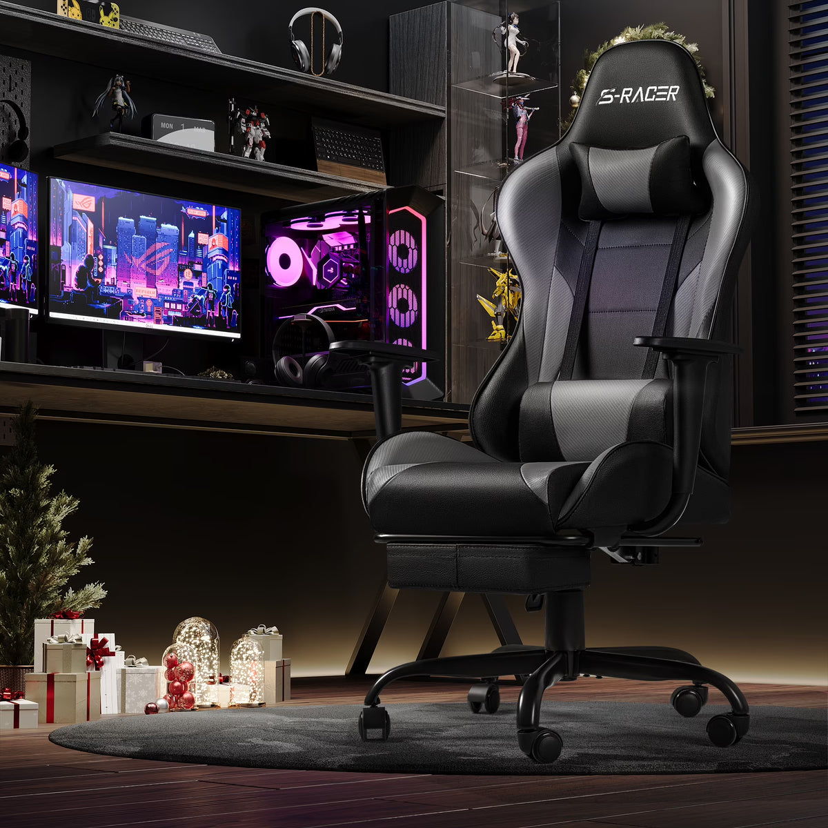 Homall Massage Gaming Chair Office Chair High Back PU Leather Chair with Footrest, Black