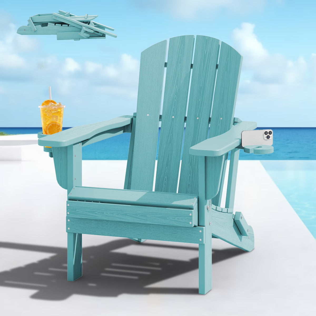 SERWALL Folding Adirondack Chair Set with Dual Cup Holders & Phone Holder, All-Weather HDPE Fire Pit Chairs for Outdoor, Patio, Poolside, Garden - Black