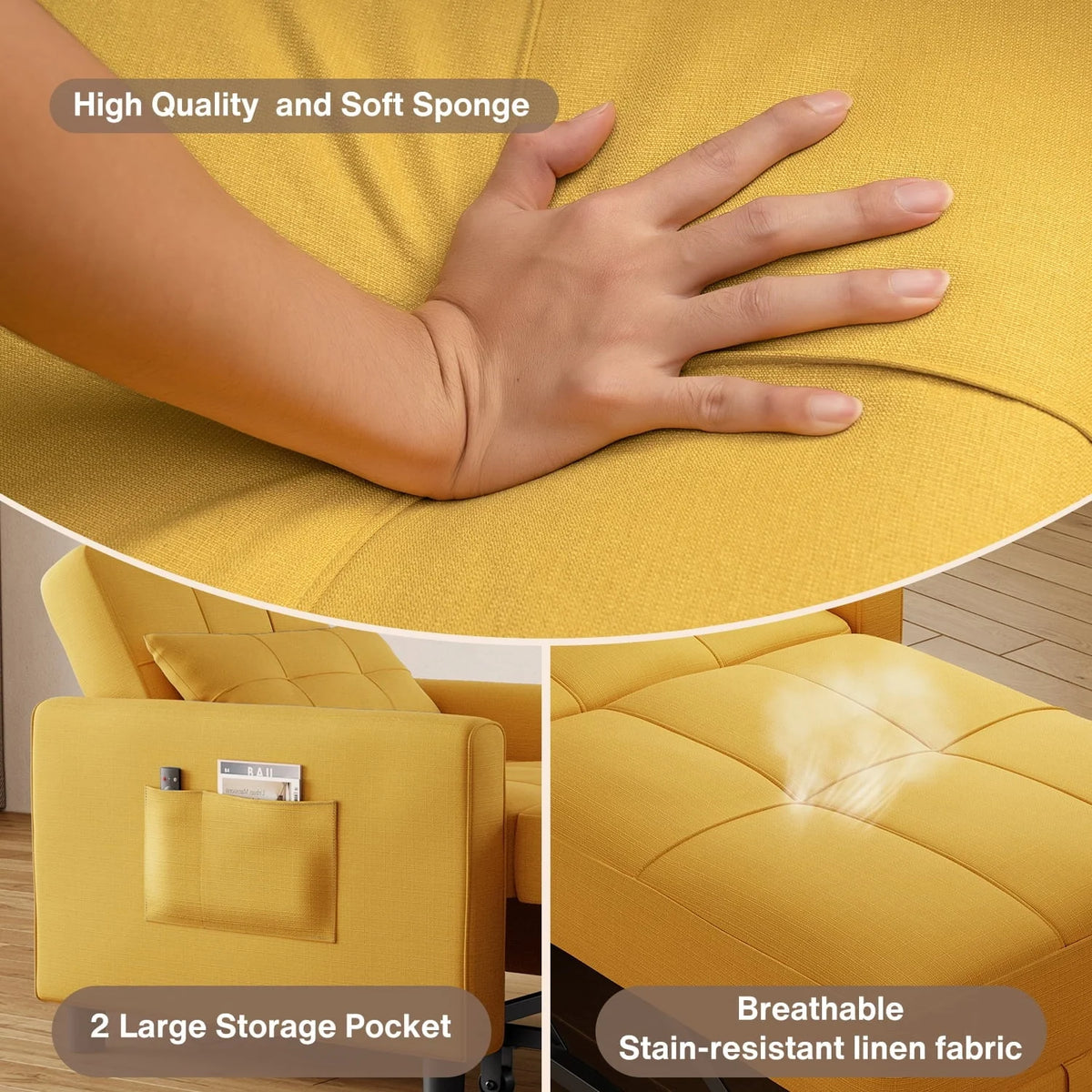 Chair Bed, Lofka Single Recliner Convertible Sofa Bed, 400lbs, Yellow