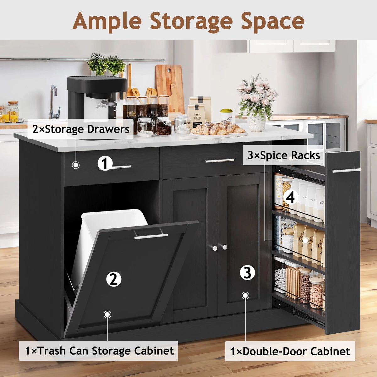 DreamCurship 52" Kitchen Island with Storage, Rolling Kitchen Cart Island with Wheels, Tilt Out Kitchen Trash Cabinet 10 Gallon Storage, 3 Large Spice Racks and 2 Drawers, White