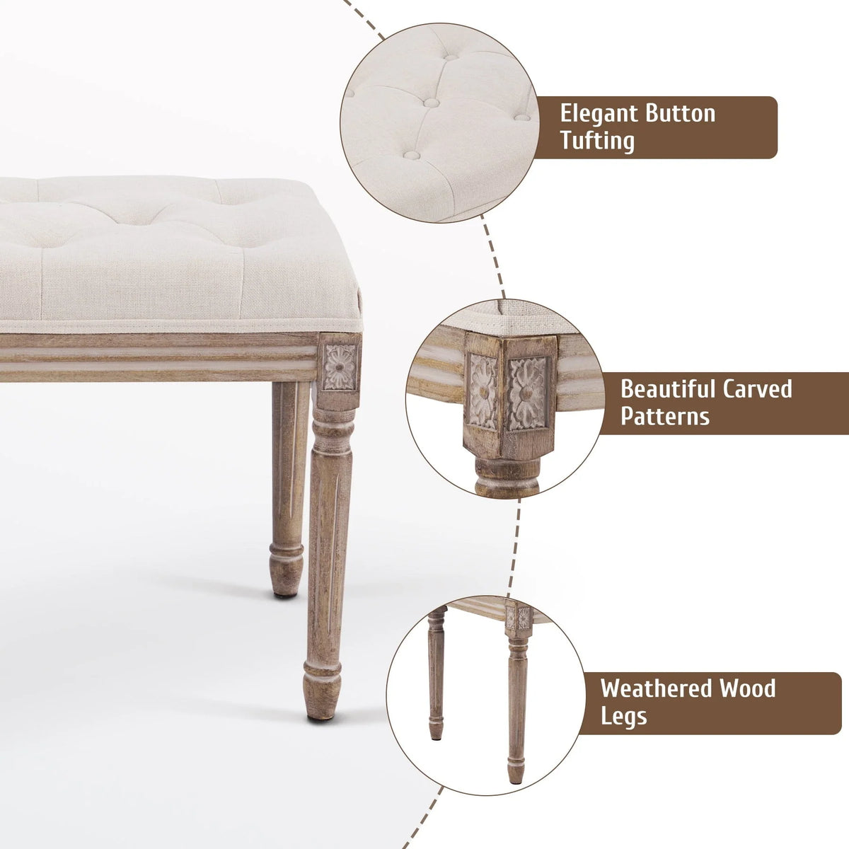 Wayshire Upholstered Entryway Bench with Rubber Wood Legs Tufted Ottoman for Dining Room Bedroom More