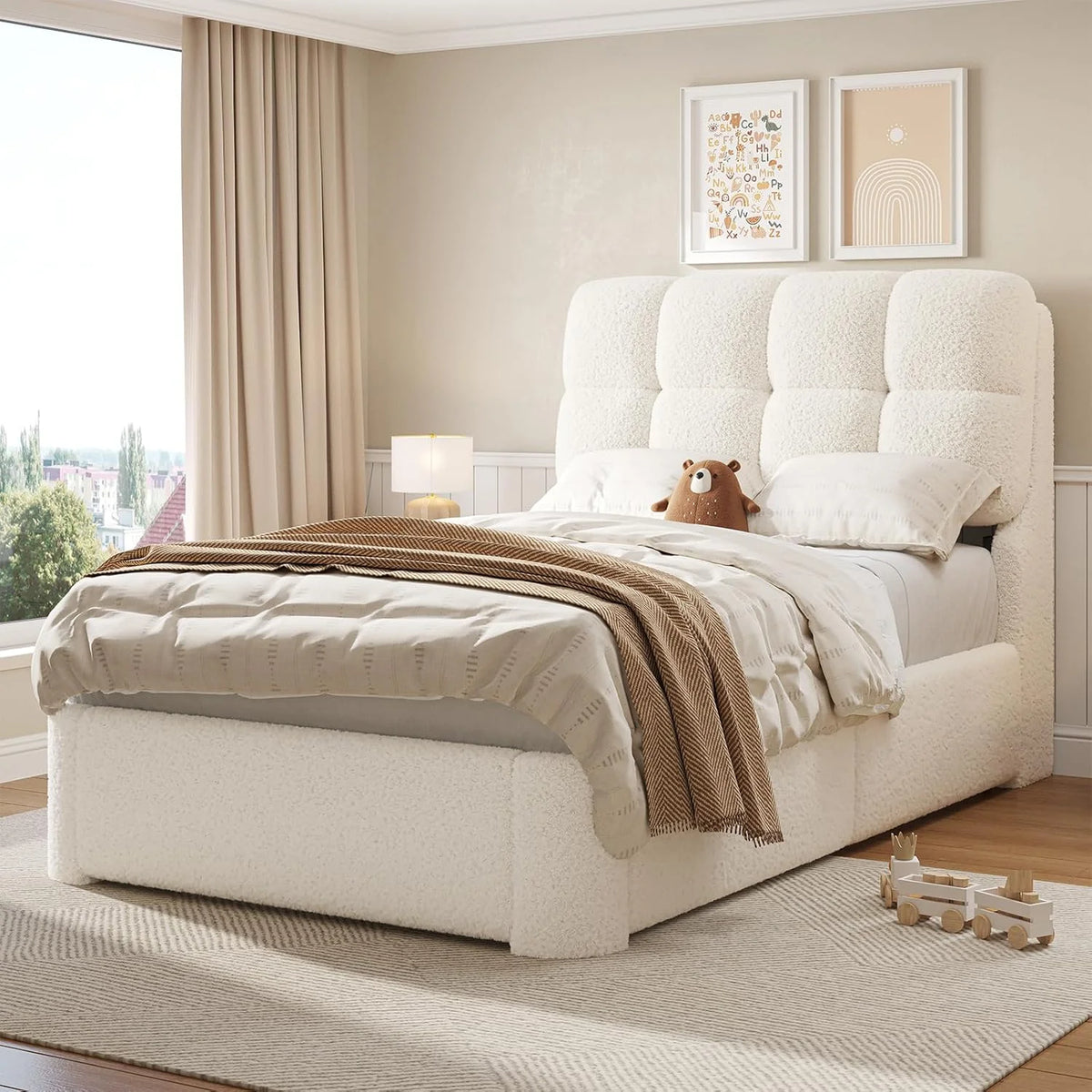 Upholstered Bed Frame Queen Size with Headboard, Modern Soft Cloud Queen Platform Bed for Bedroom, No Box Spring Needed, White
