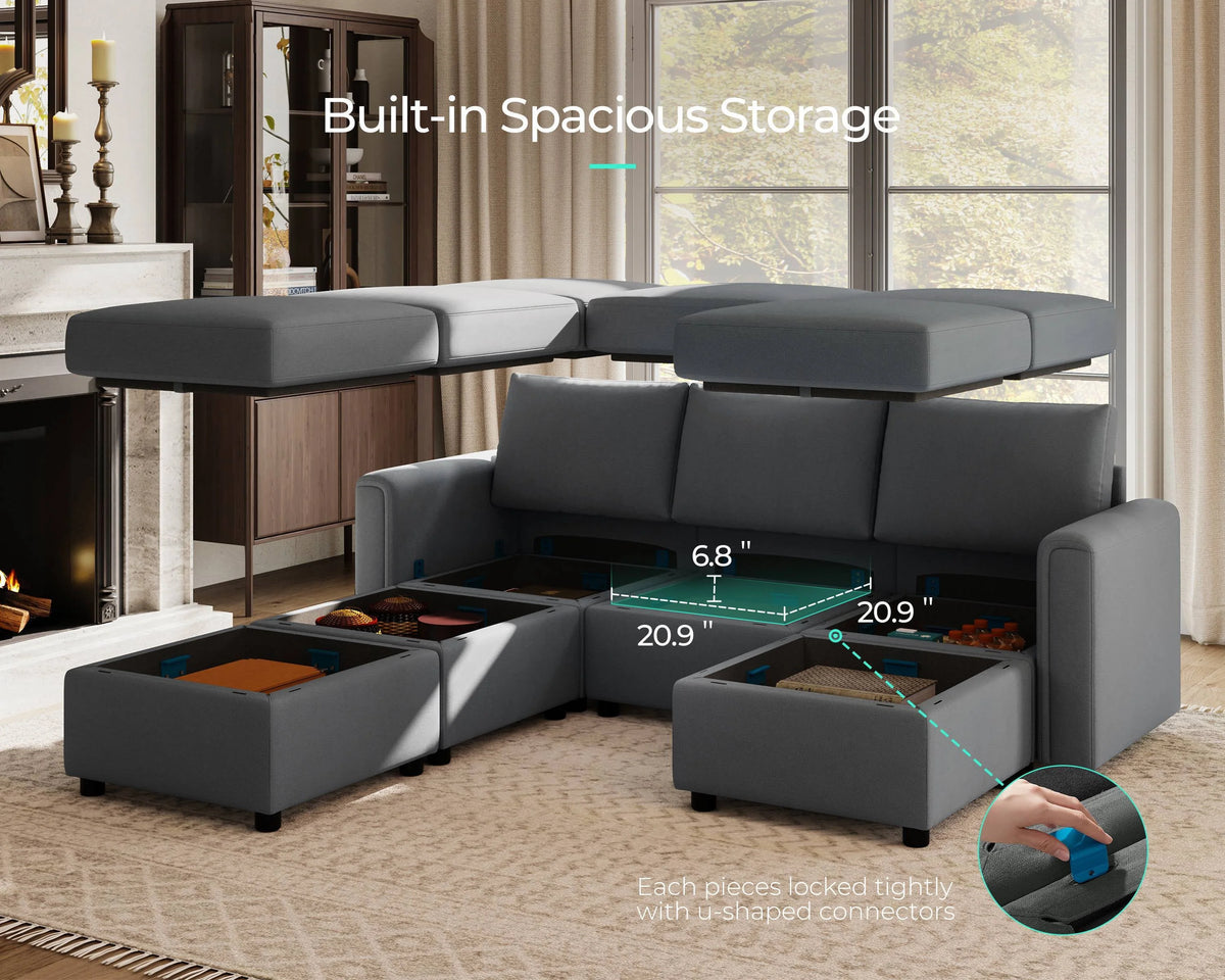 Linsy Home Modern Convertible Sleeper Sofa Bed with Storage Ottomans, Modular Sectional Couch Sofa,Dark Gray