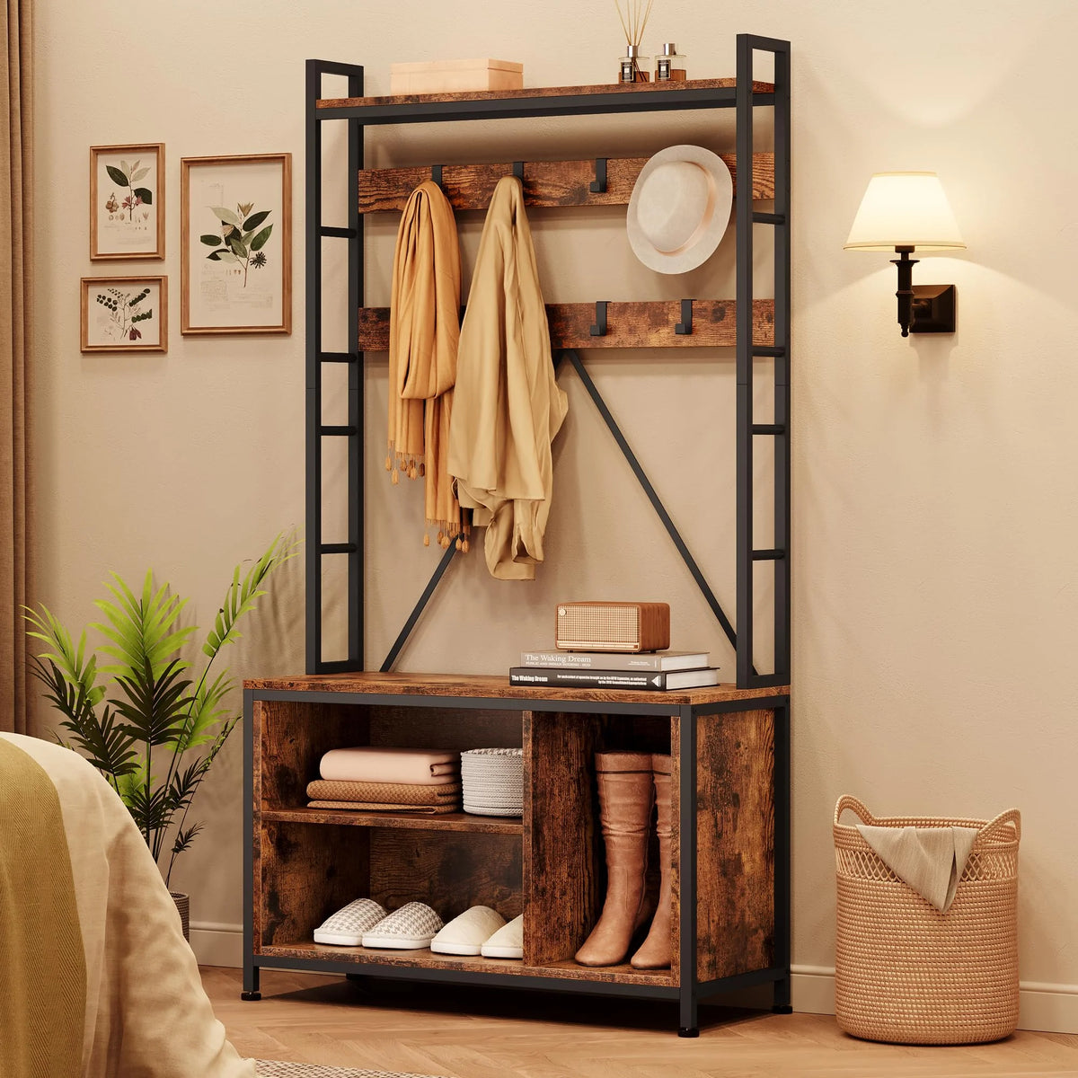 Hall Tree with Bench 36.41" Coat Rack Freestanding 5 in 1 Industrial Shoe Bench with 3 Storage Cubbies and 8 Hooks Entryway Coat Rack with Shoe Storage, Brown