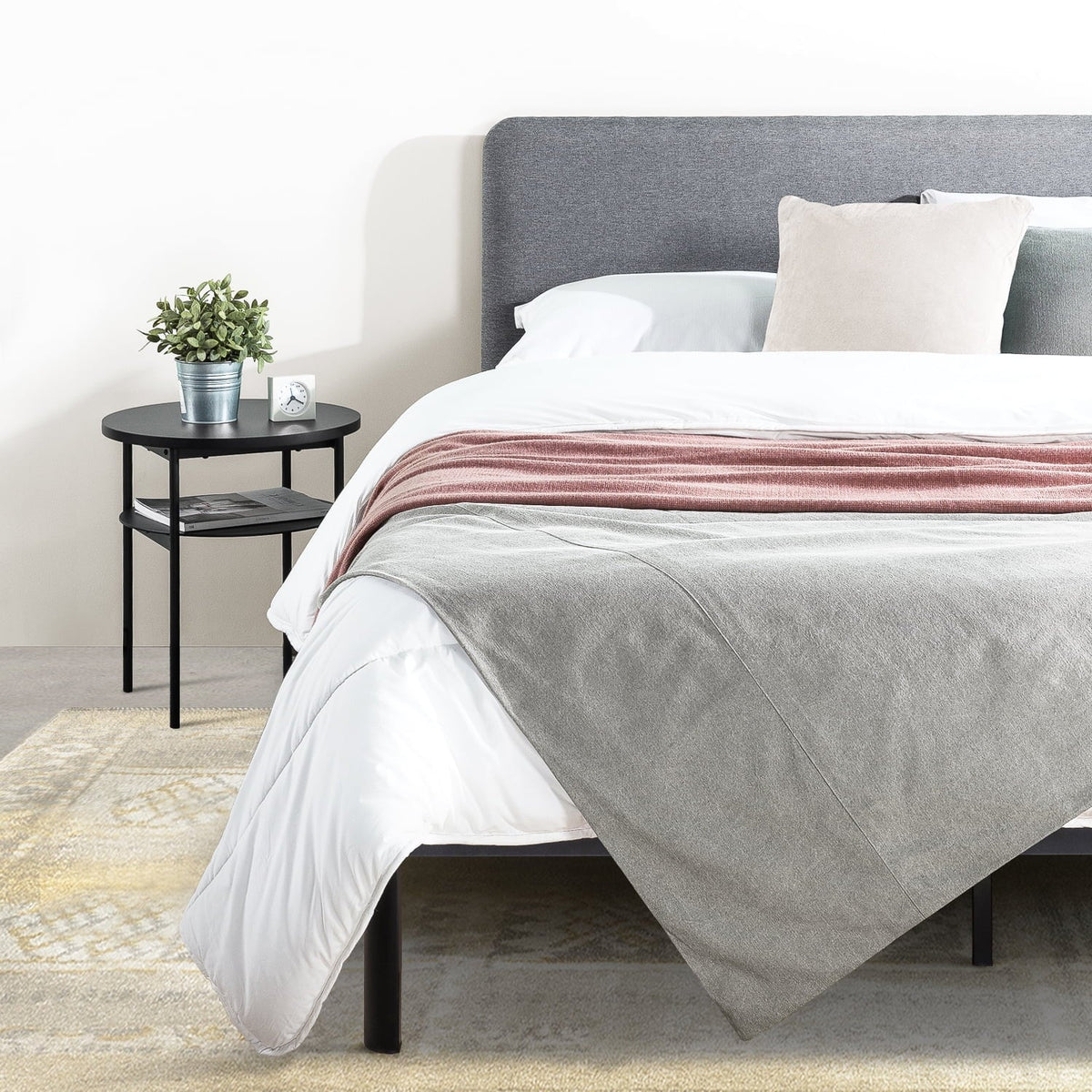 Mellow Kert Metal Platform Bed with Fabric Headboard and Rounded Legs, Classic Grey, Queen