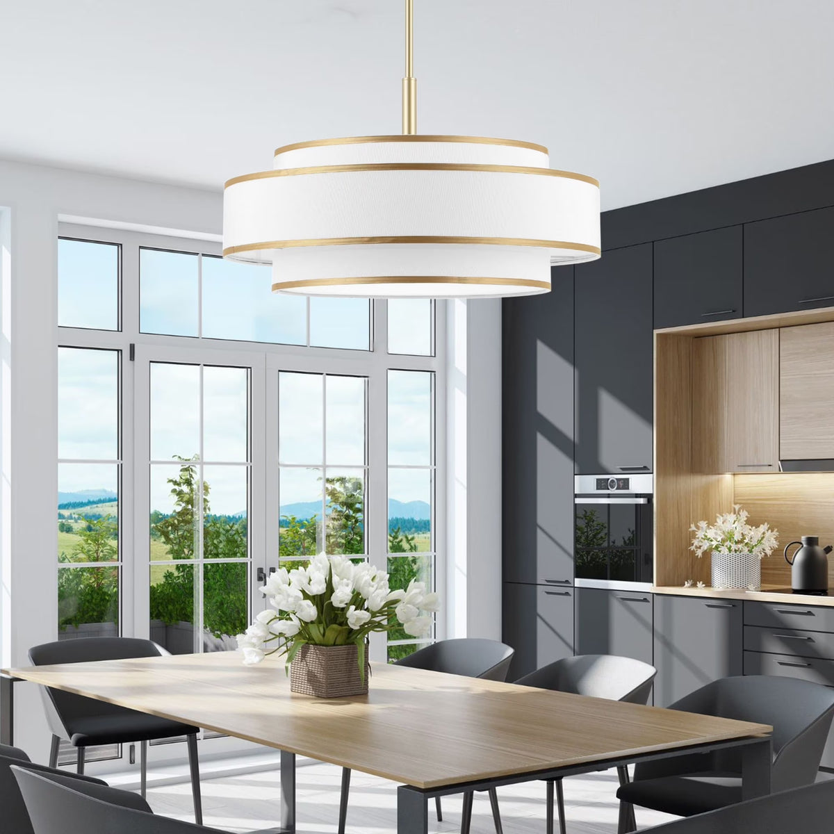 GetLedel 5-Light Double Shaded Dimmable Drum Chandelier Black