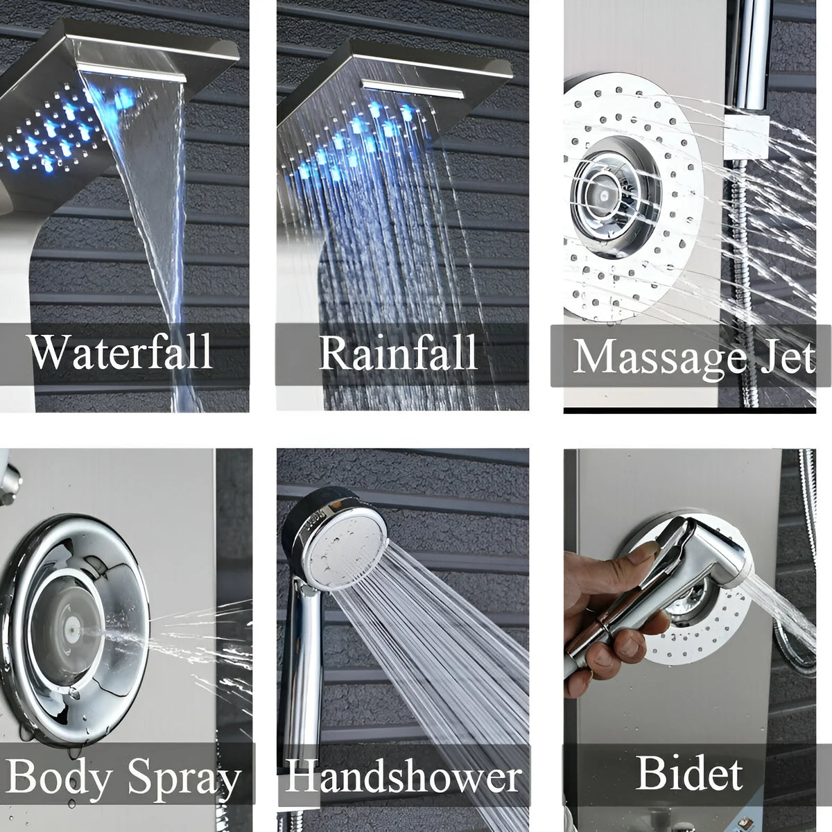 Shower Panel Tower System LED Rain&Waterfall Massage Jet Sprayer Stainless Steel