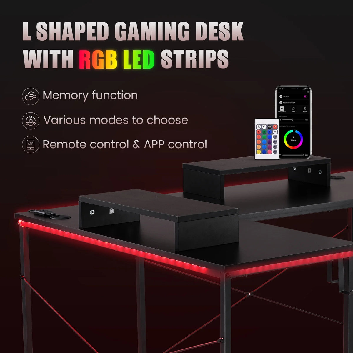GTRACING L-Shaped Gaming Desk with RGB Light and Removable Storage Stands, Black