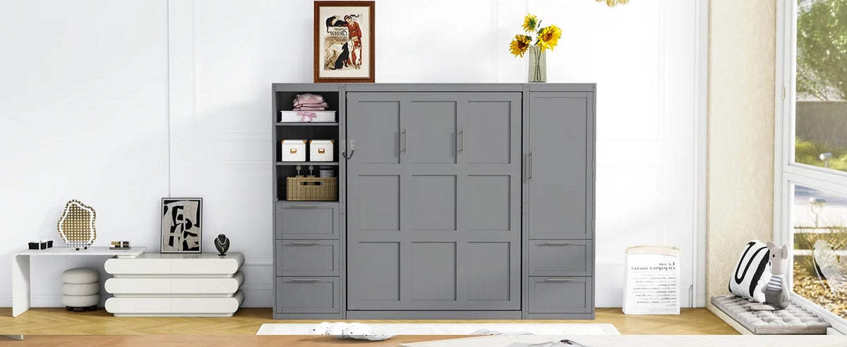 Newest Queen Size Murphy Bed Wall Bed with Closet ,Drawers , Shelves,Gray