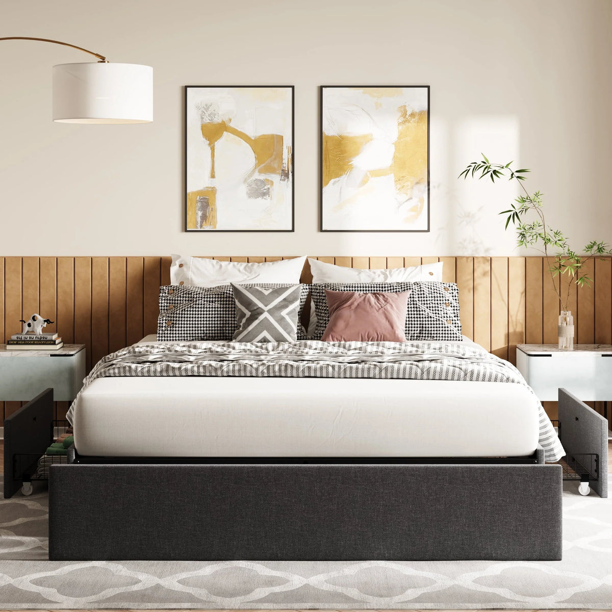 Amolife Queen Size Upholstered Platform Bed Frame with 3 Storage Drawers and Wooden Slats, Dark Grey