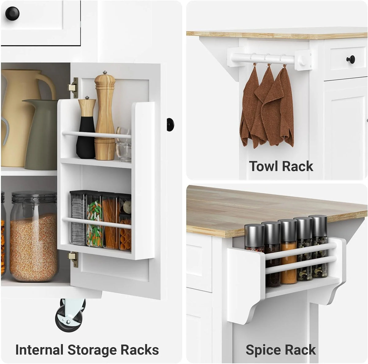 ZIVACATE Rolling Kitchen Island with Drop Leaf and Storage Large 53 in Movable Kitchen Carts White