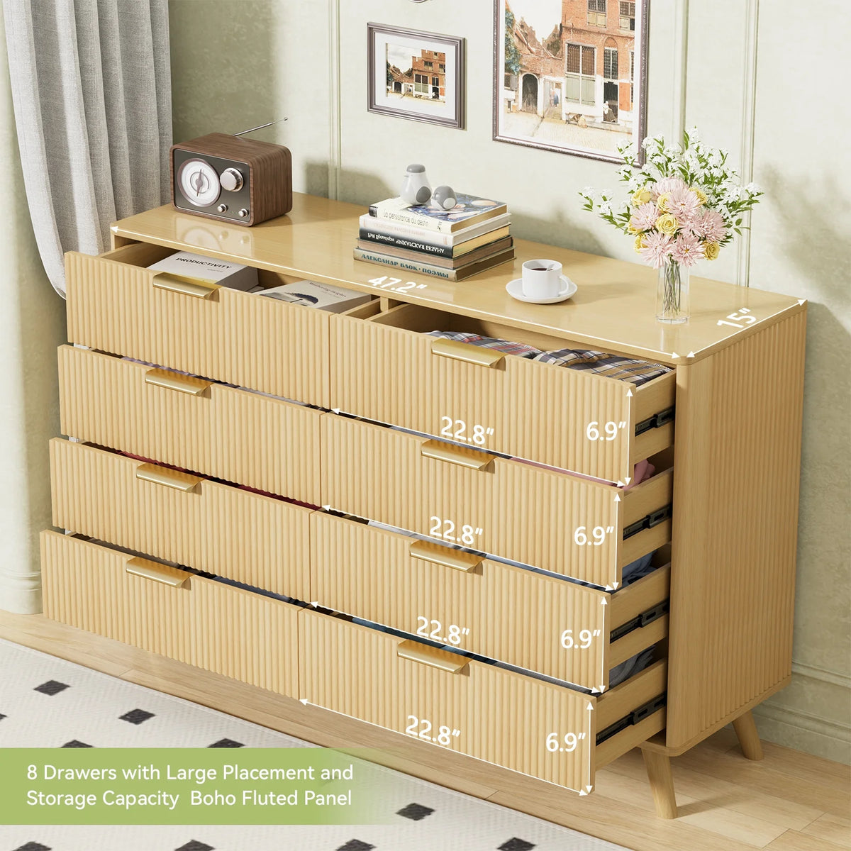 Planntonneo Boho Fluted 6 Drawer Dresser, Wooden Chests for Bedroom