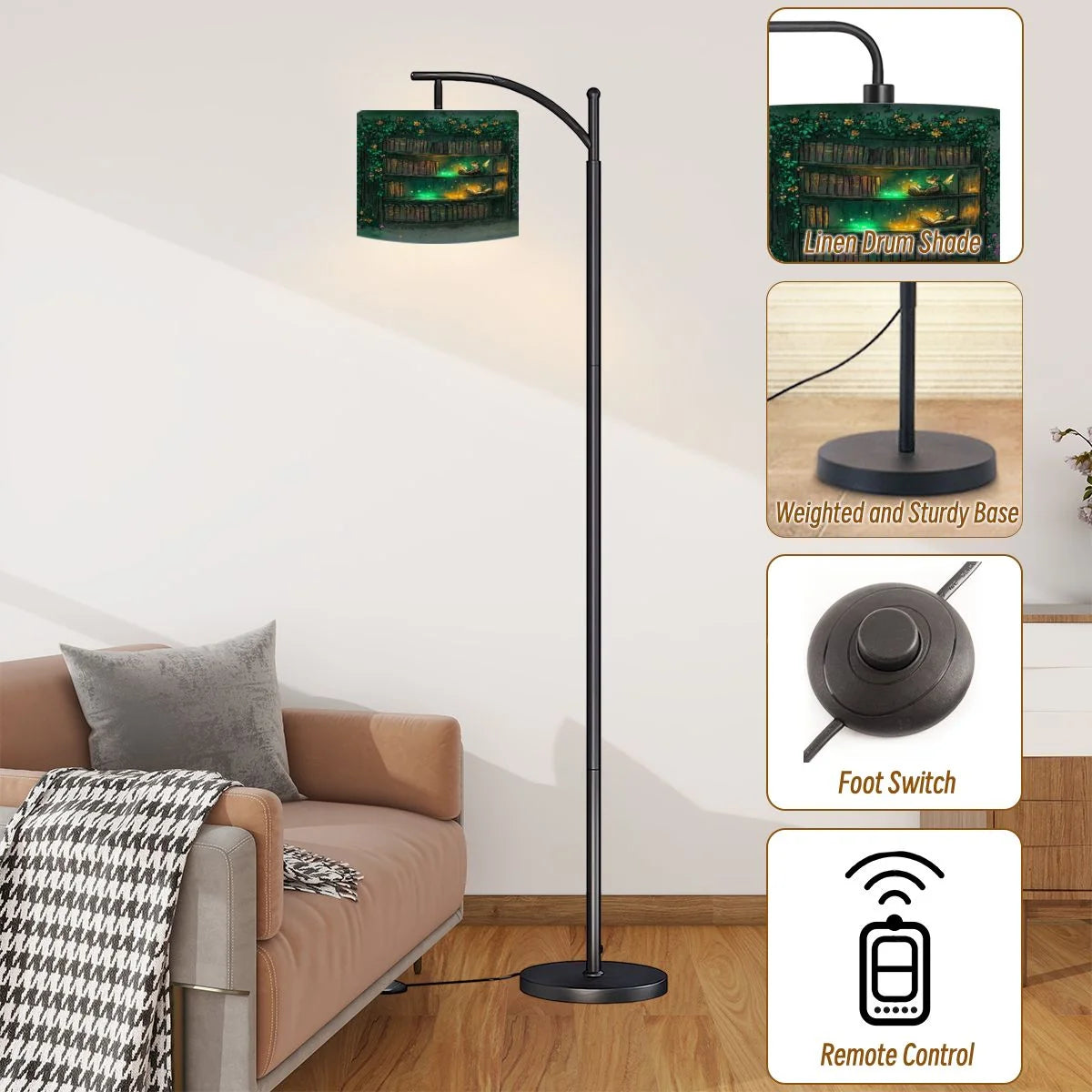 Arc Floor Lamps Surreal Bookshelf Dreamlike Sky Art Print Modern LED Adjustable Lampshade Standing Light for Living Room Reading Bedroom Office