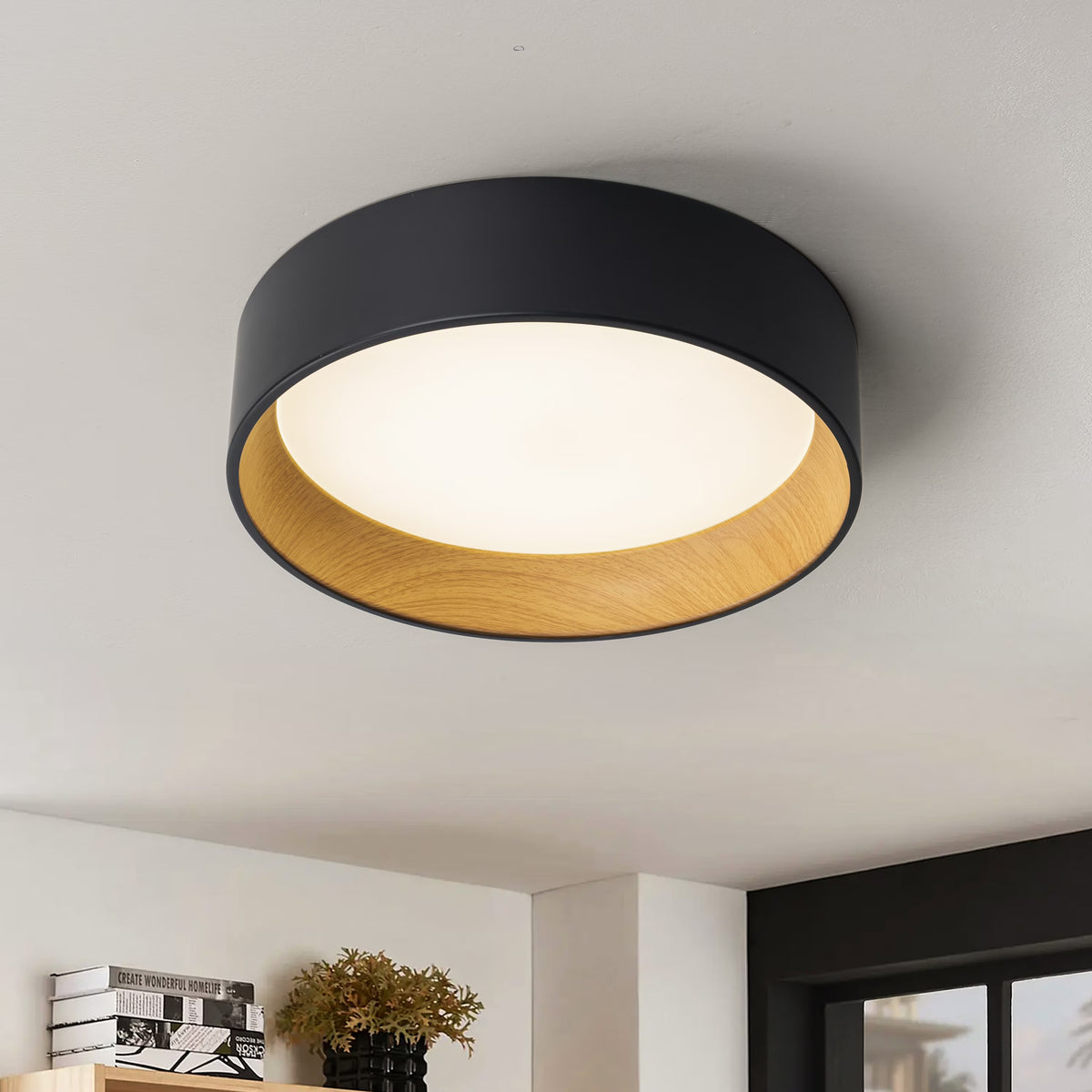 C Cattleya Black and Woodgrain Finish Integrated LED 3000K/4000K/5000K Flush Mount LED Ceiling Light