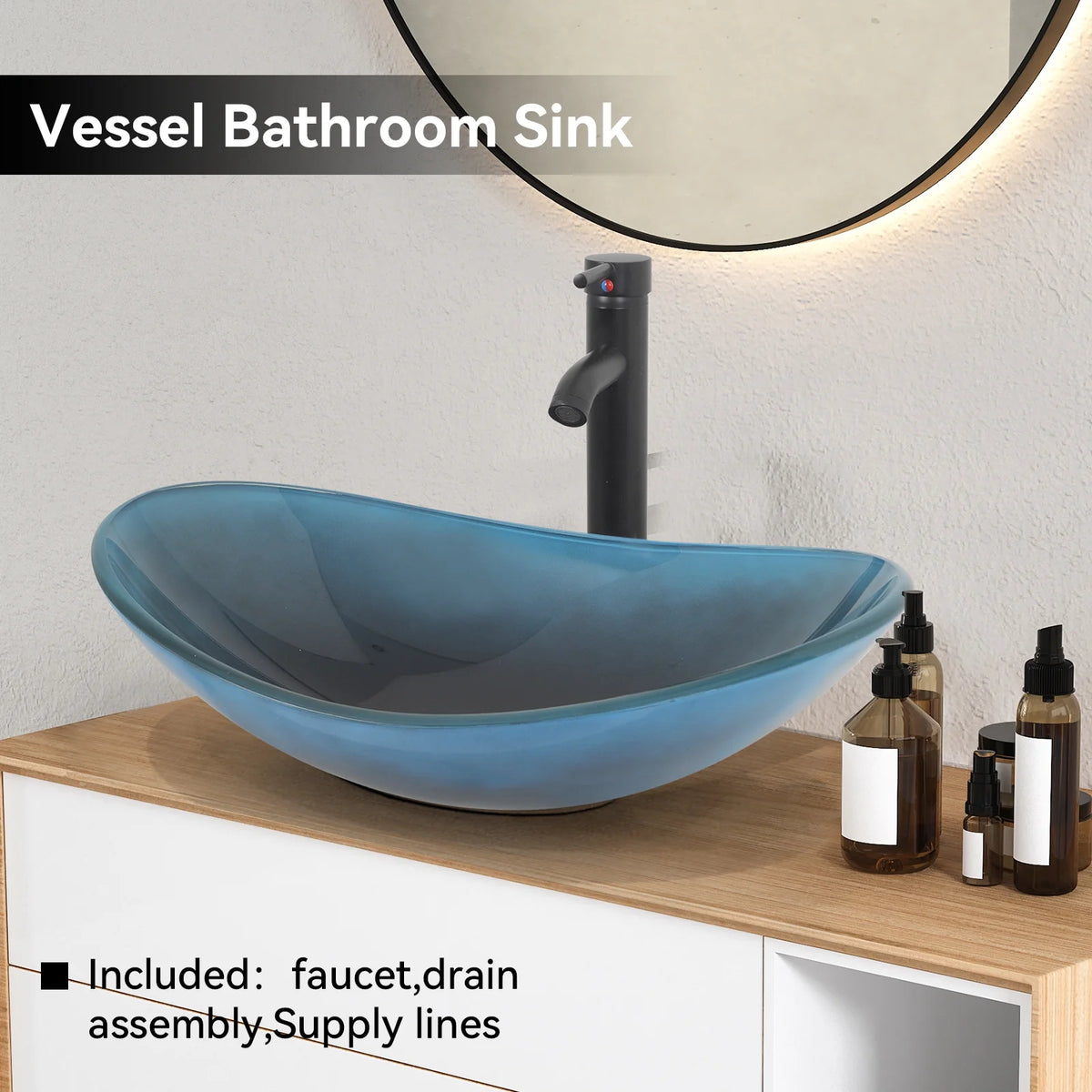 FULLWATT Bathroom Ceramic Sink Vanity Vessel Basin Porcelain Faucet Drain Combo Rectangle,White