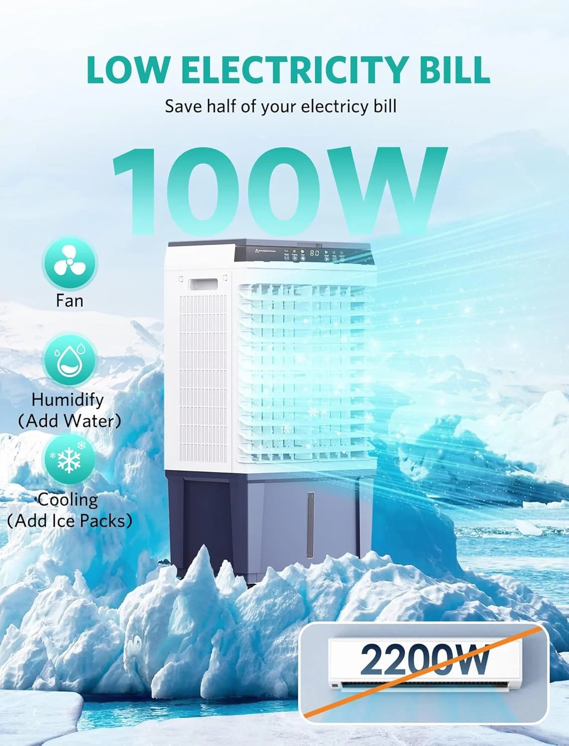Air Choice Evaporative Air Cooler, 1800CFM Swamp Cooler with 12H Timer, Remote Control, 110�� Oscillation & 5.3 Gal Water Tank, 4 Ice Packs, 3 Speeds, 3-in-1 Evaporative Cooler for Outdoor Indoor Use
