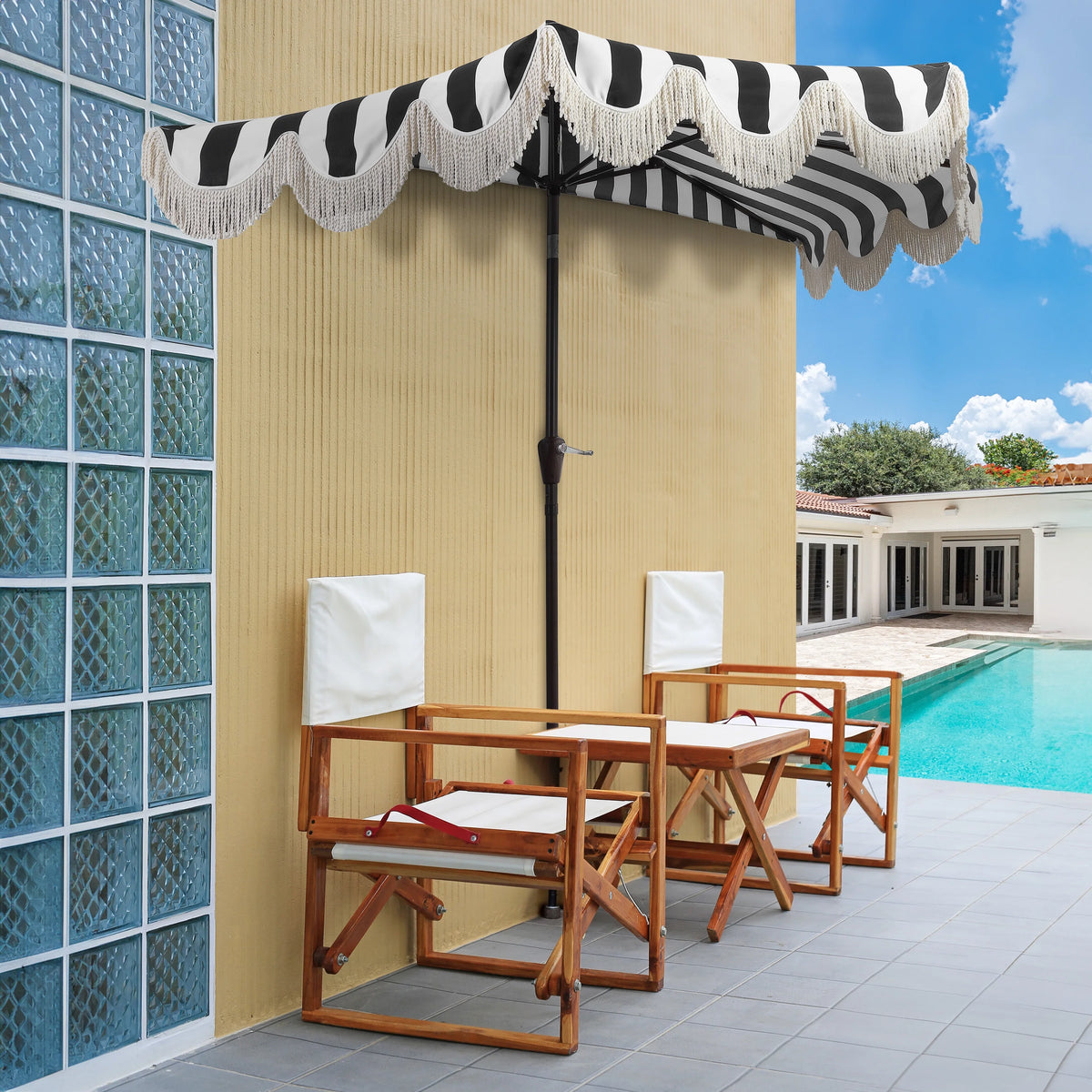 JONATHAN Y Beverly 9 ft. Half Market Patio Umbrella, Designer Classic Scalloped Fringe with Crank, Tilt Button and UV Protection, Blue/White/Cream, Dark Brown Pole