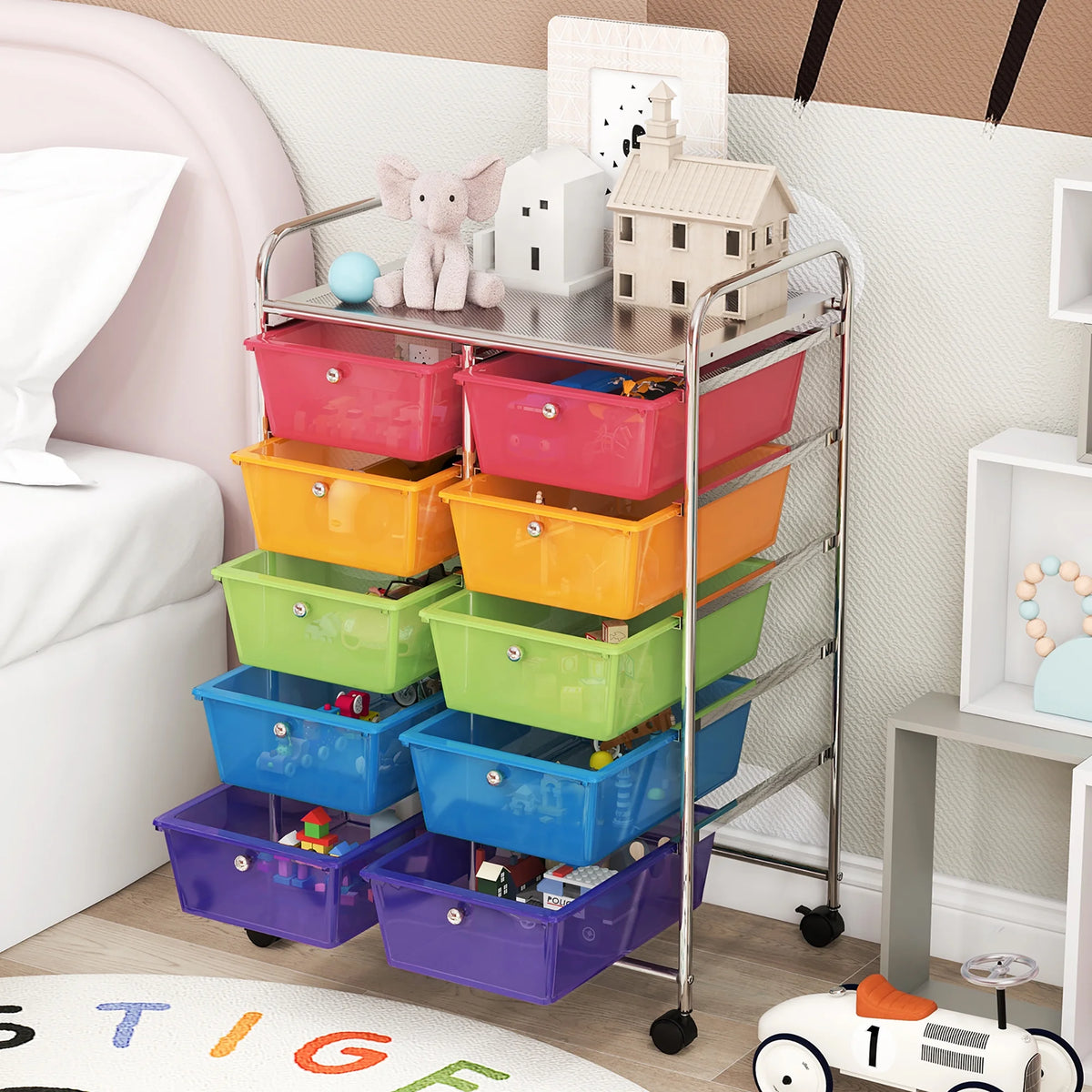 Gymax 10-Drawer Rolling Storage Cart Tools Scrapbook Paper Organizer on Wheels Black Gradient
