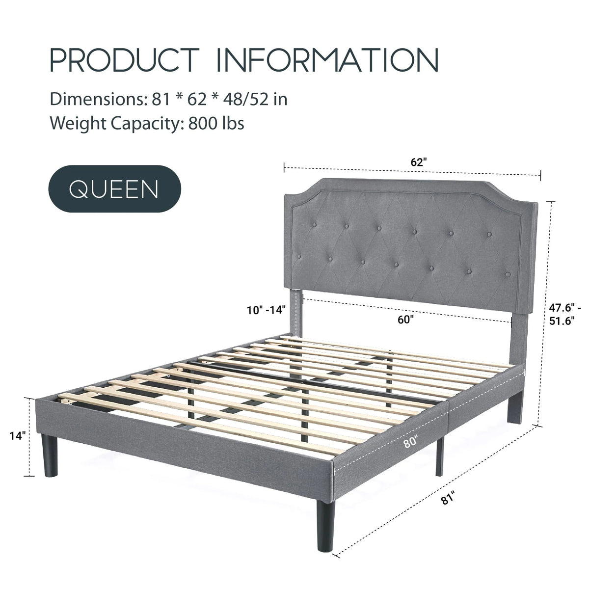 Einfach Queen Size Platform Bed Frame with Upholstered Headboard, Light Grey