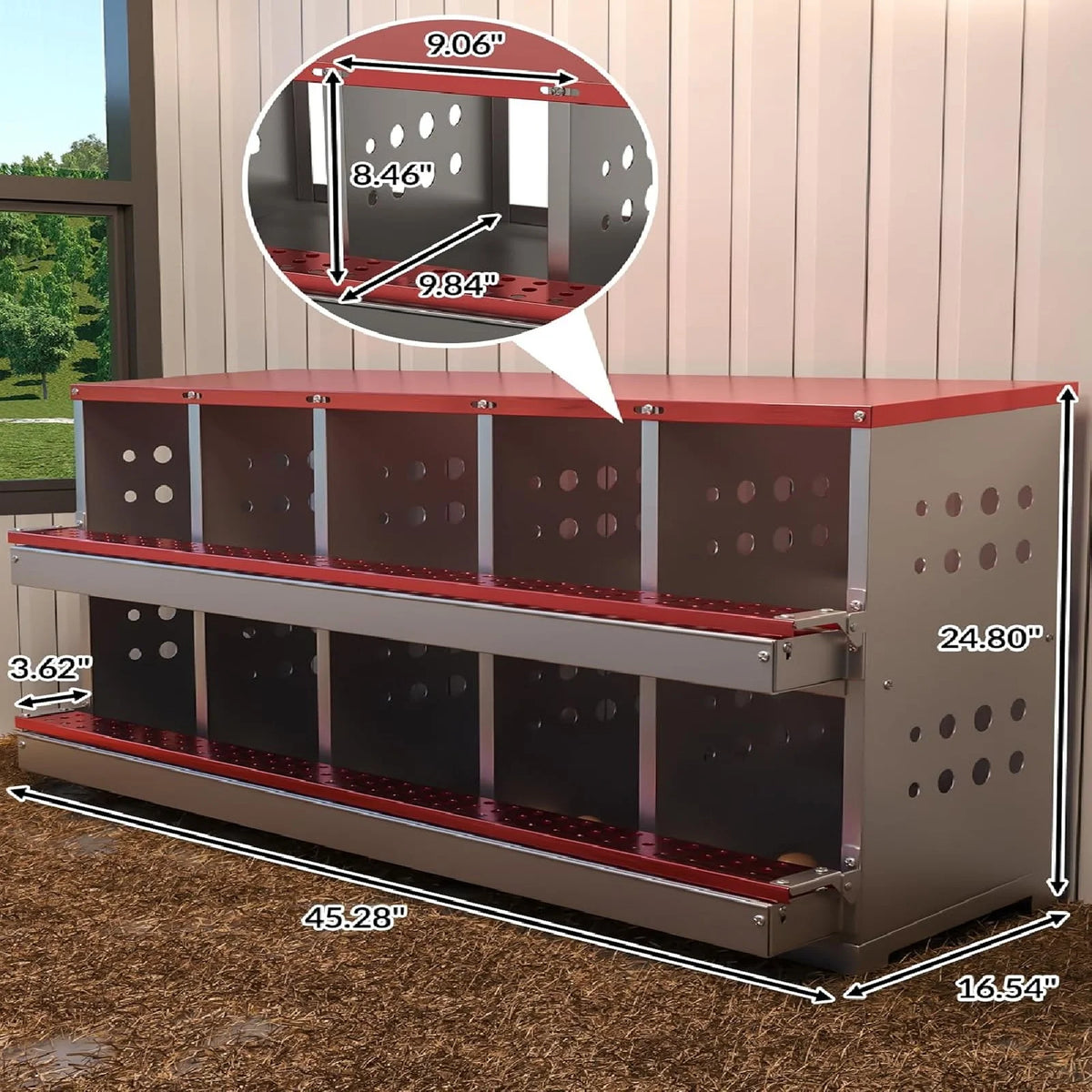 Metal Chicken Nesting Box for Laying Eggs, Rustproof Wall-mountable Roll Away Chicken Laying Boxes for Hens, Waterproof, Ventilated with Perch, 8 Compartments, Green