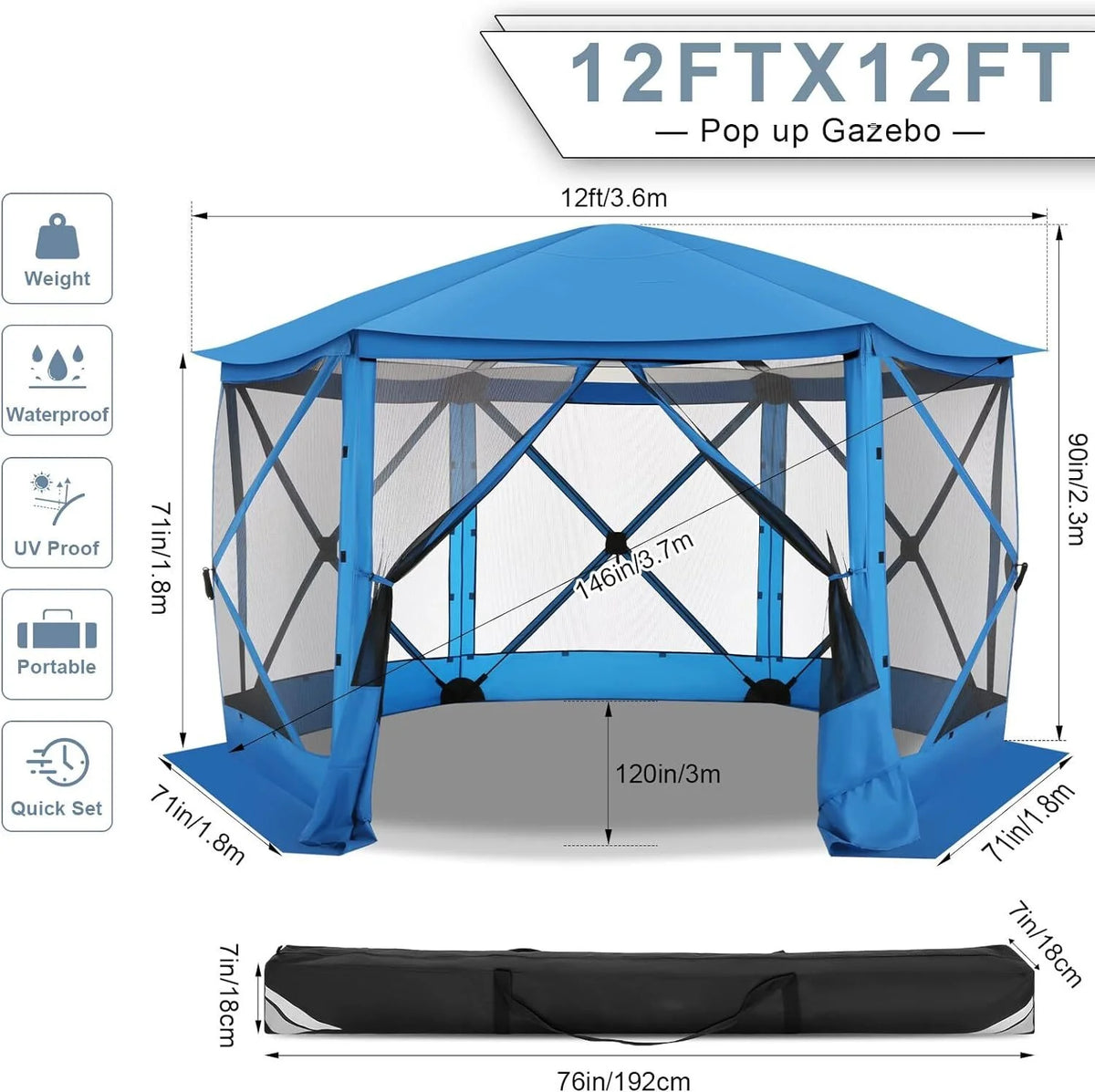 COBIZI 12x12ft Pop-up Gazebo Screen Tent Screen House with sidewalls and Mosquito Netting for Camping, Waterproof, UV Resistant, EZ Set-up Party Canopy with Carrying Bag and Ground Stakes, Brown
