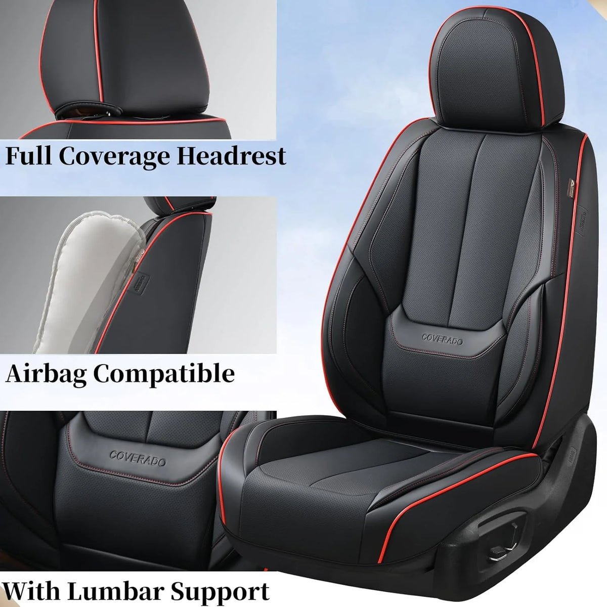 Coverado Black Front Car Seat Covers, Stylish Waterproof Premium Leather Automotive Seat Protectors, Airbag Compatible Auto Interior Accessories Universal Fit for Most Cars SUV Pick-up Trucks