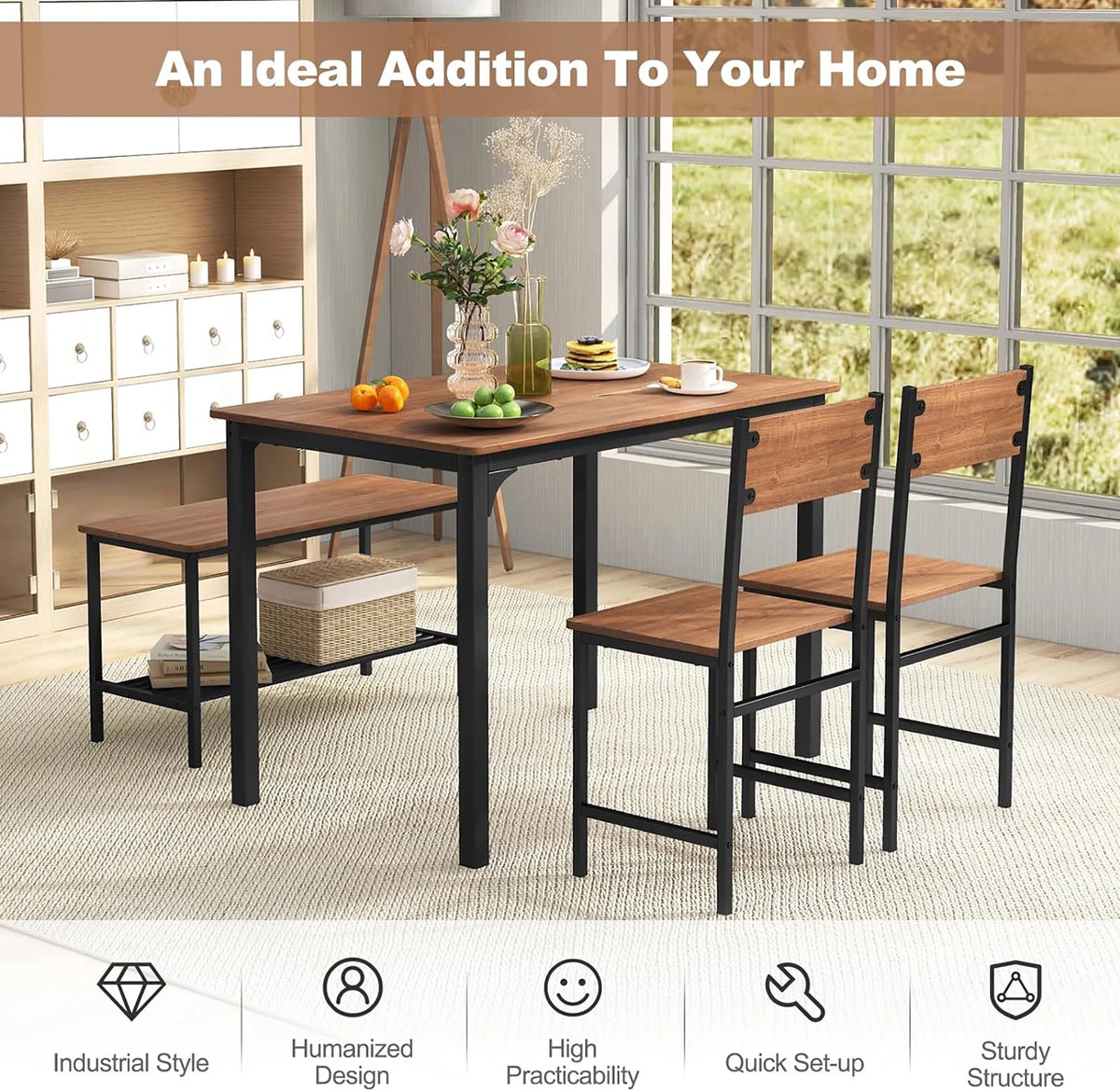Gymax 4pcs Dining Table Set Rustic Desk 2 Chairs & Bench w/ Storage Rack Grey