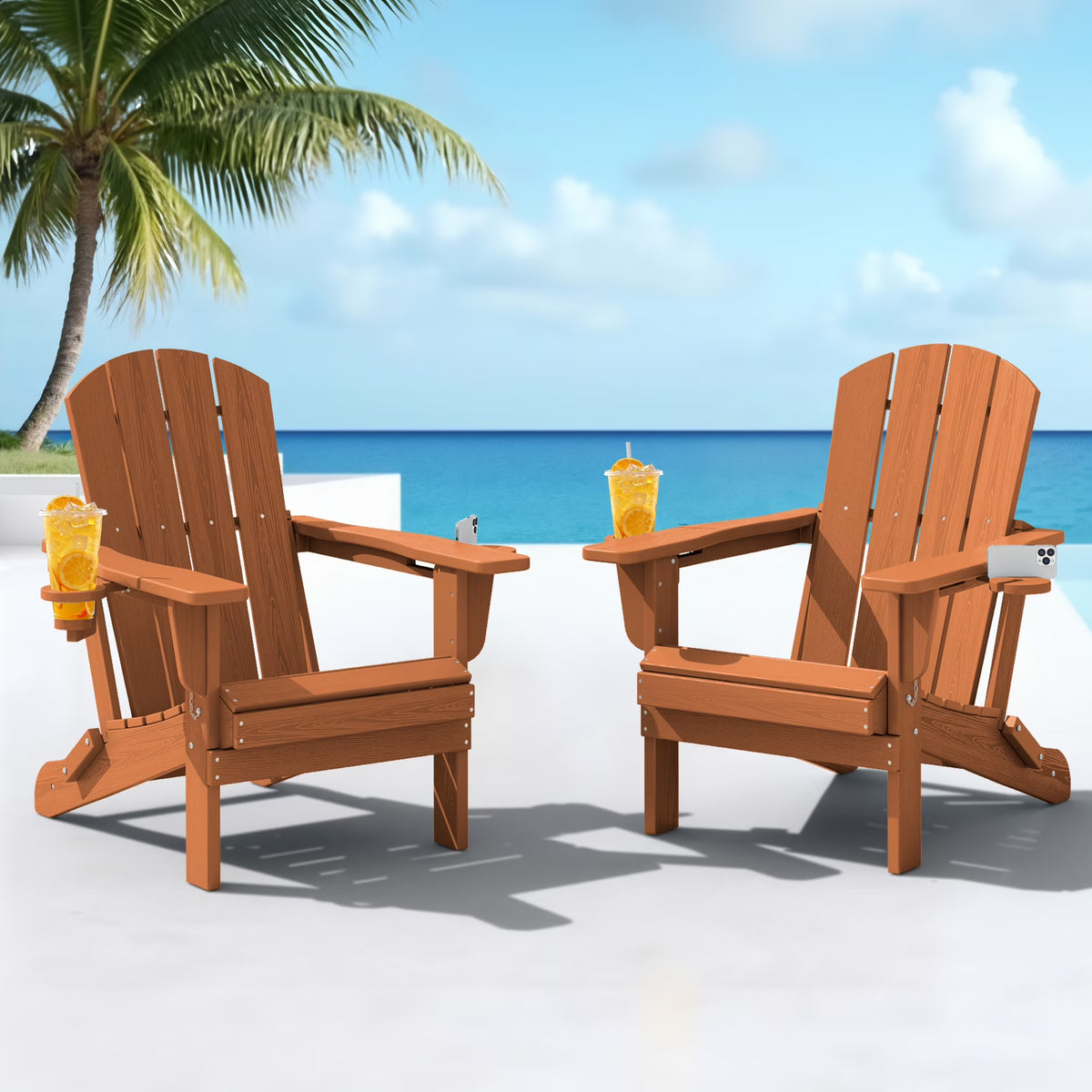 SERWALL Folding Adirondack Chair Set with Dual Cup Holders & Phone Holder, All-Weather HDPE Fire Pit Chairs for Outdoor, Patio, Poolside, Garden - Black