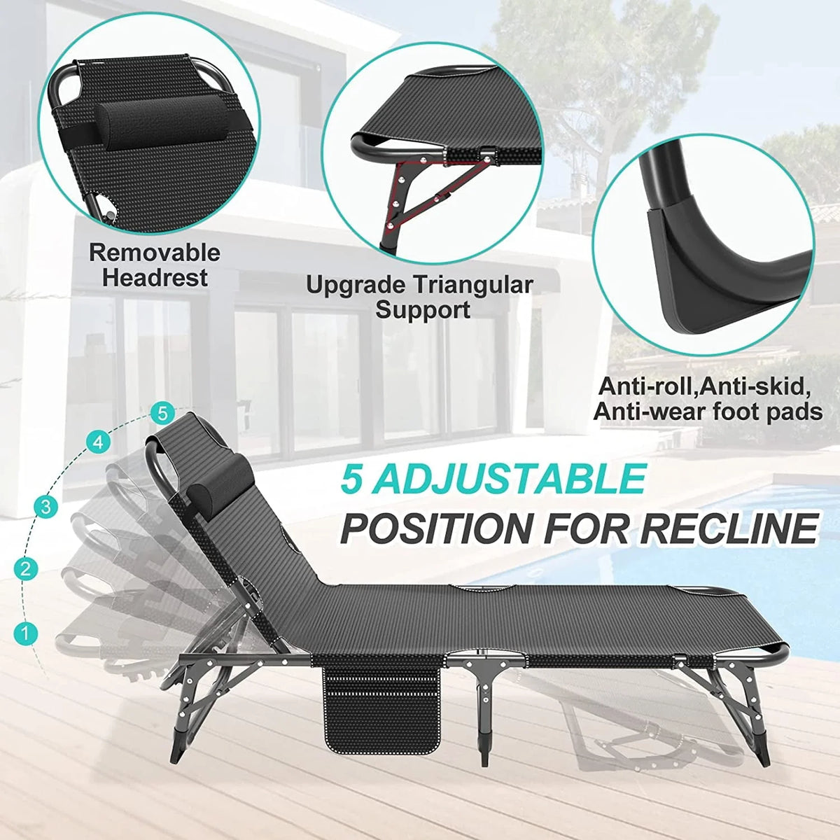 ABORON Folding Camping Cot with 2-Sided Pad & Pillow for Adults & Kids, Adjustable 5-Position Folding Lounge Chair, Folding Cot, Sleeping Cots Bed