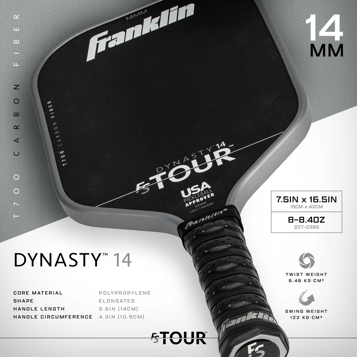 Franklin Sports Pro Pickleball Paddles - FS Tour Series Carbon Fiber Pickleball Paddles - Official USA Pickleball (USAPA) Approved Paddles - Dynasty Pro Player Paddle - 14mm Polymer Core - Gray