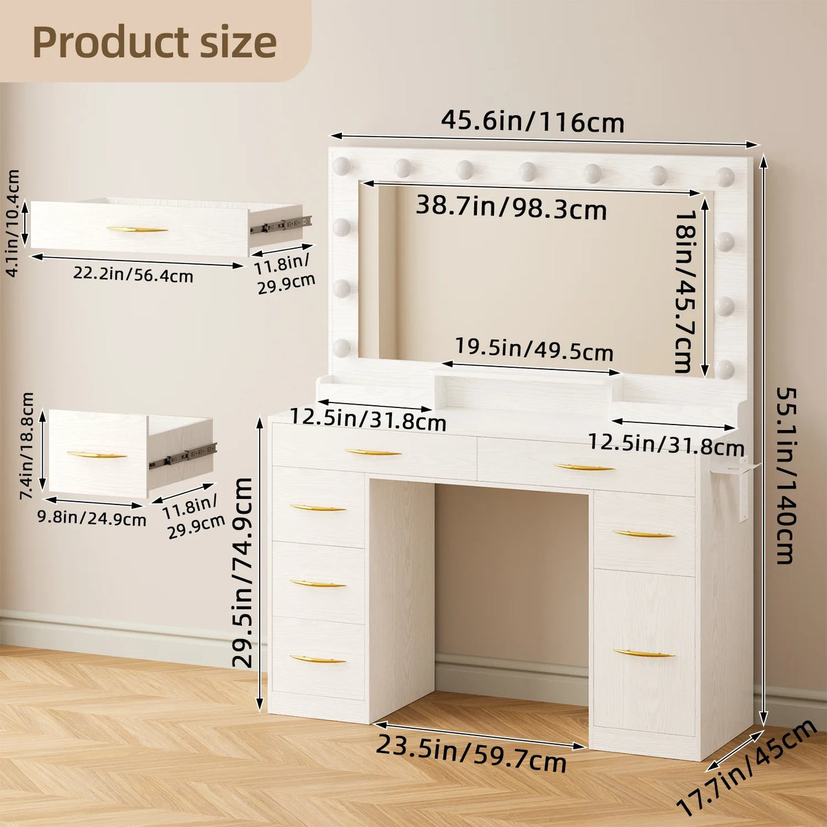 Tomnk woo White Makeup Vanity Desk with Large Mirror, Adjustable Lights, Storage Drawers & Power Outlets