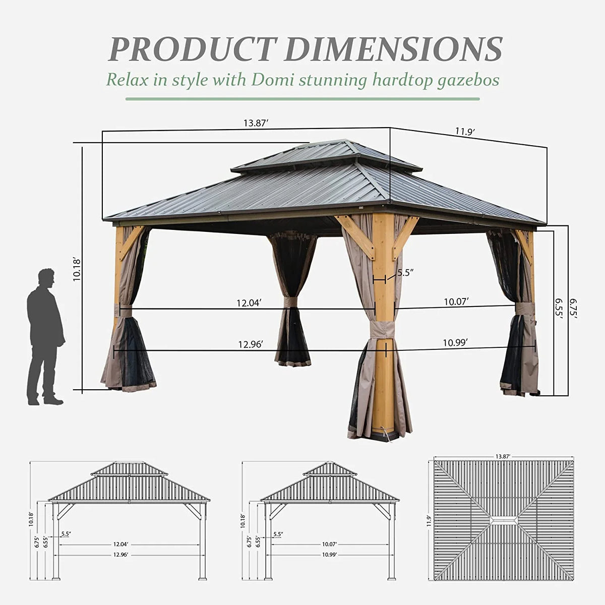 Domi 12x20 ft Wood Gazebo, Cedar Wood Frame Hardtop Gazebo with Galvanized Steel Double Roof, Outdoor Gazebo with Netting and Curtains, Patio Gazebo Pergola Pavilion for Patio, Backyard, Deck, Lawns