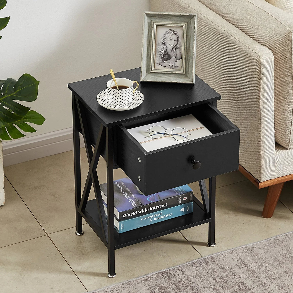 VECELO 3-Piece Bedroom Set with Twin Size Bed Frame and 1-Drawer Black Nightstands