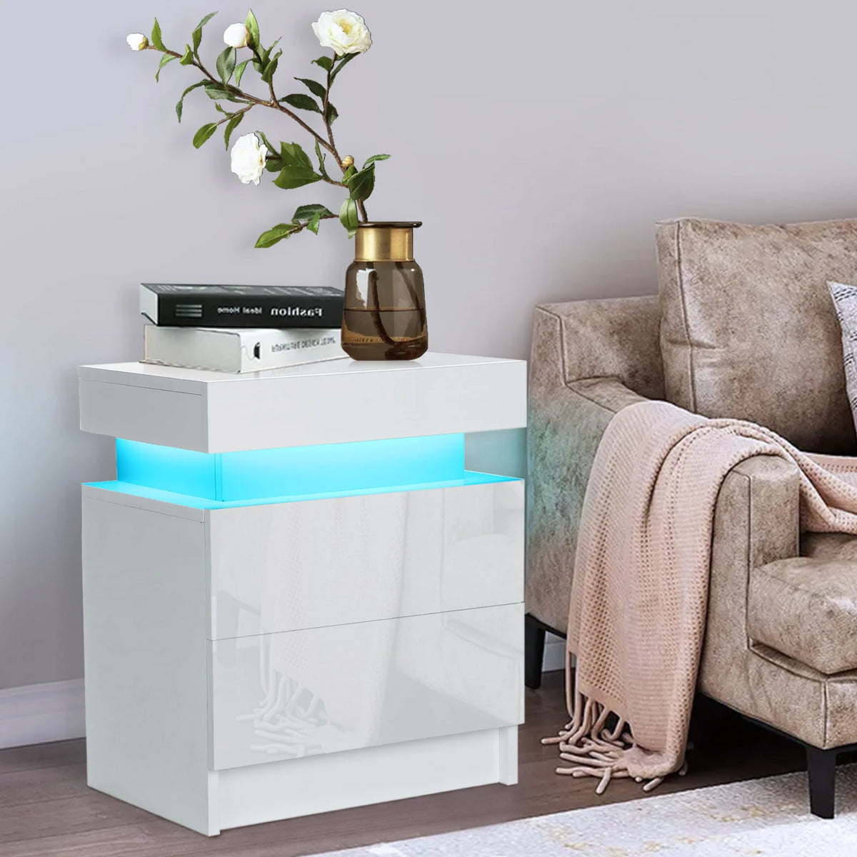Hommpa Modern LED Nightstand with 2 Drawers High Gloss Led Light Bedside Table Storage White Night Table with Lights End Side Table with Drawer for Bedroom 20.5" Tall