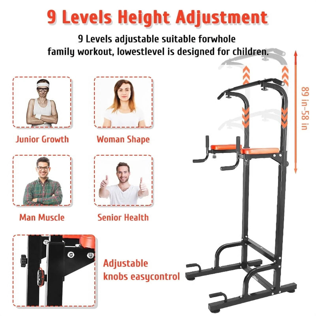 Relife Sports Power Tower Pull up Bar 36" Dip Station with Adjustable Height for Strength Training, Black