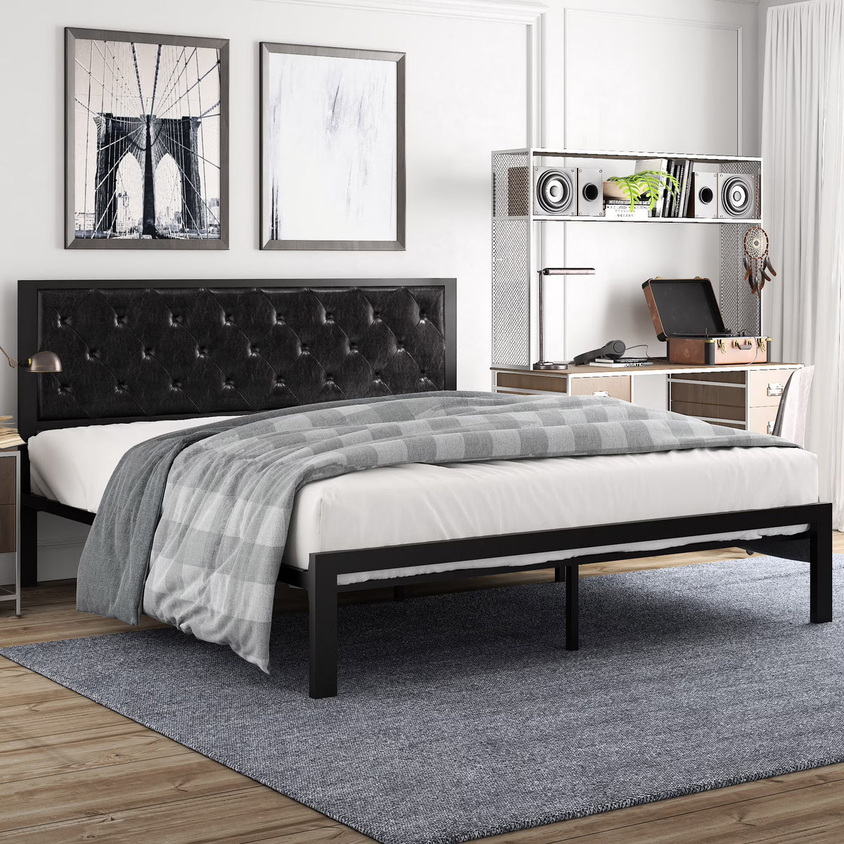 Amolife Twin Size Metal Bed Frame with Upholstered Headboard, Dark Gray