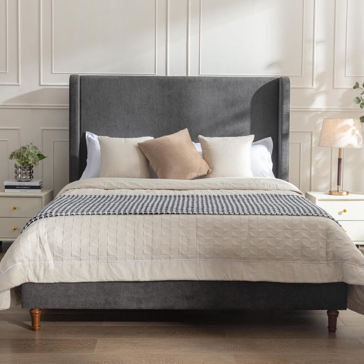 King Bed Frame Upholstered Bed with Tall Headboard, Chenille Platform Bed King Size, No Box Spring Needed, Easy Assembly, Ivory