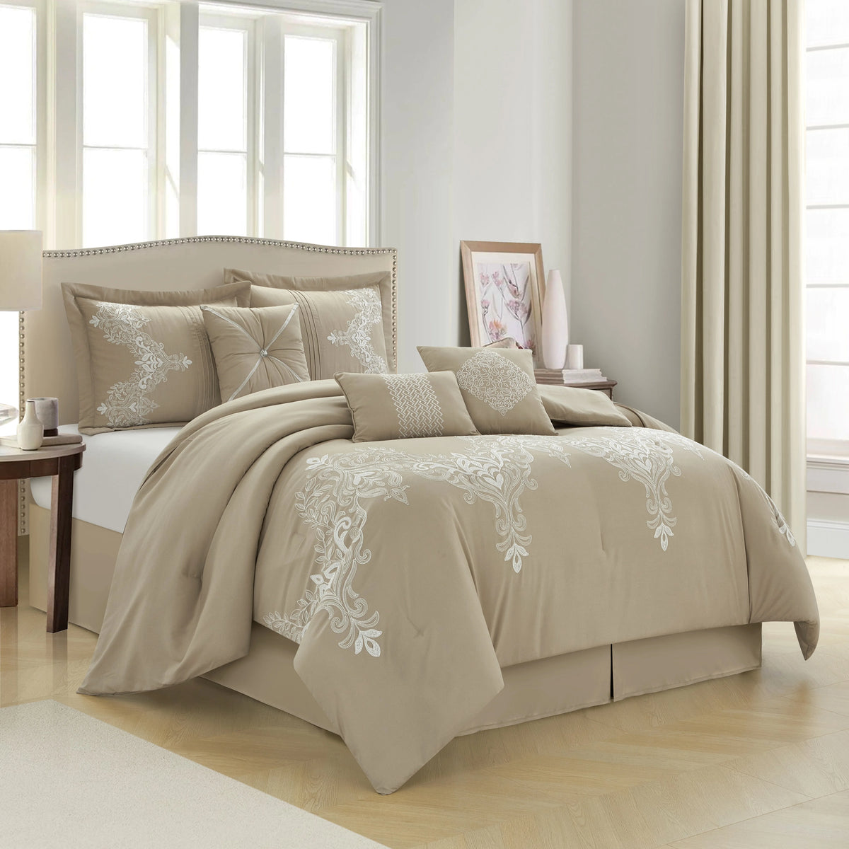 Lanco Taupe Damask Patchwork Queen Size Comforter Set, 7 Piece, Chain Stitching Embroidery Ultra Soft, Premium Microfiber, All Season