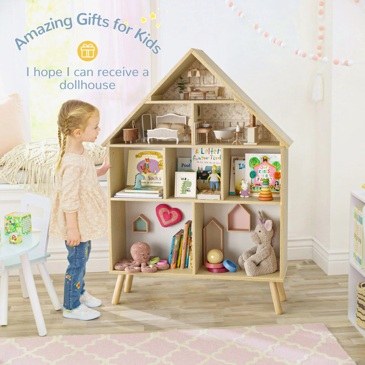 Curipeer 2-Tier Kids Bookshelf, Toy Storage Organizer with Motion-Activated Light, White
