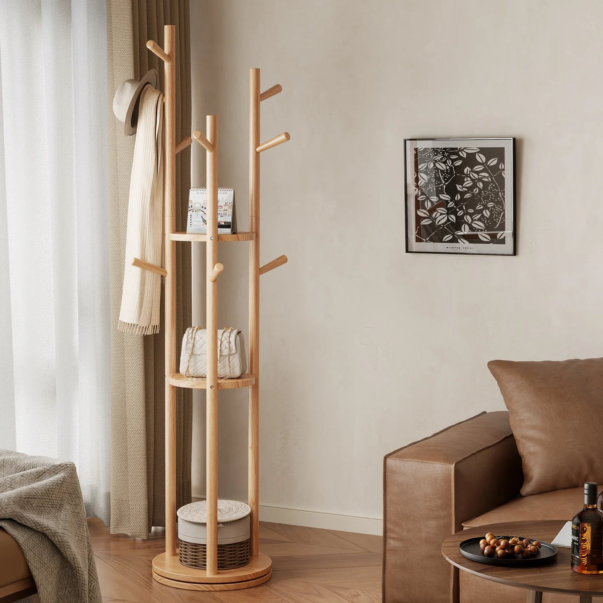 KASLANDI Solid Wood Rotary Coat Rack with 3 Shelves & 9 Hooks, Freestanding Hall Tree Stand, Coat Tree for Entryway, Living Room, Walnut, Easy Assembly